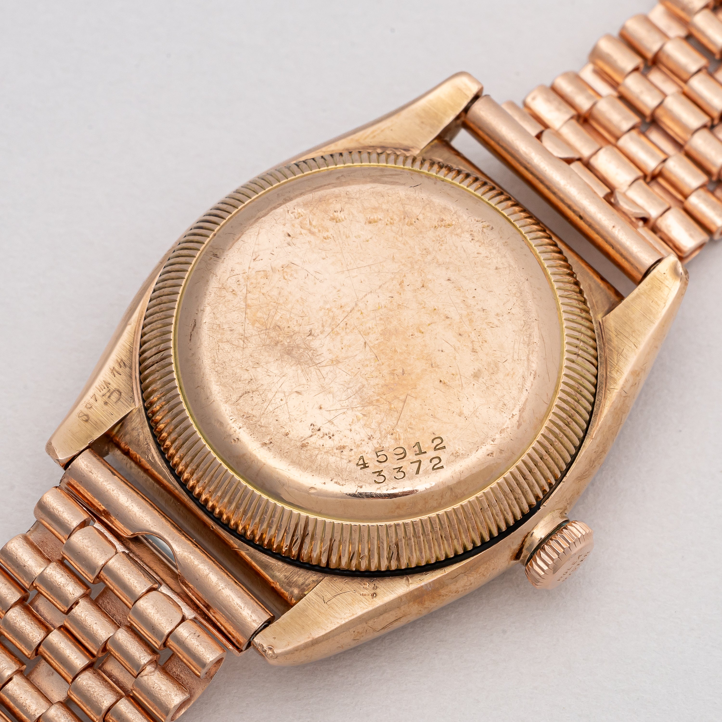 ロレックス 9金無垢ピンクゴールド バブルバック 1938年製 Ref.3372 エンジンターンドベゼル CLEWCOブレス