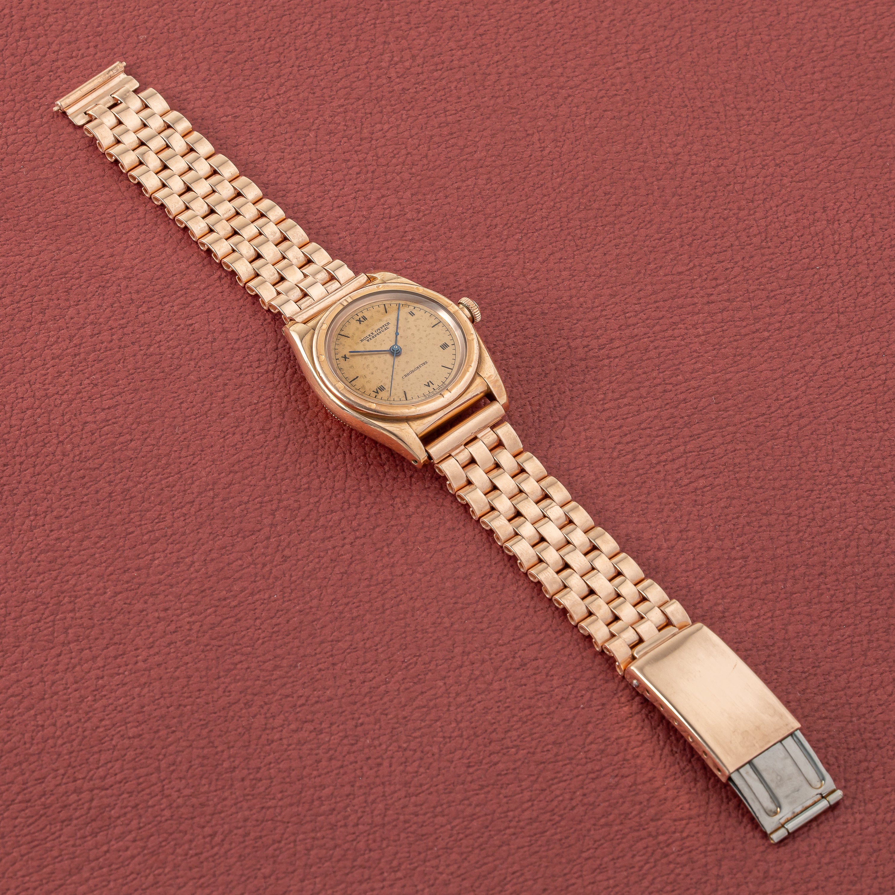 ロレックス 9金無垢ピンクゴールド バブルバック 1938年製 Ref.3372 エンジンターンドベゼル CLEWCOブレス