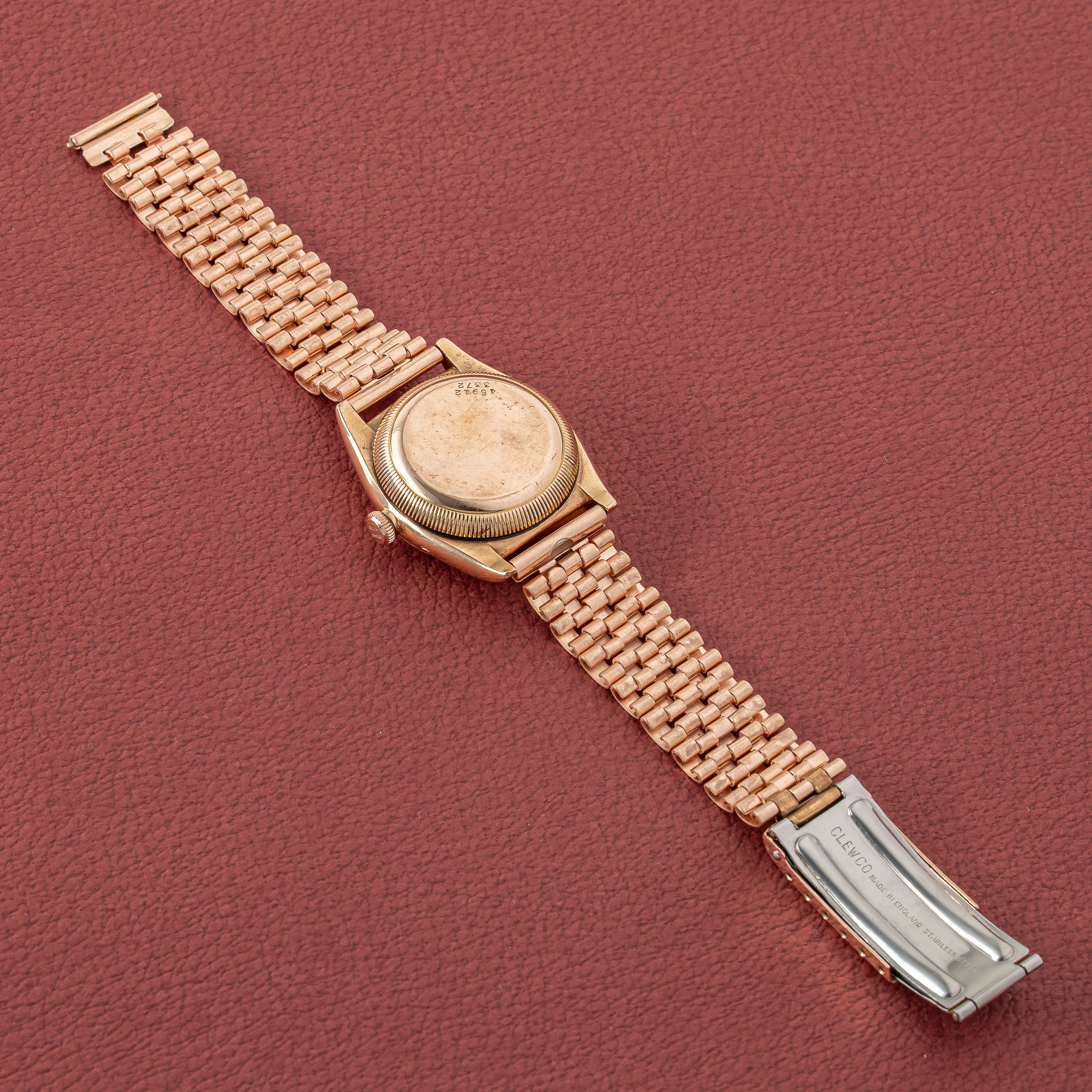 ロレックス 9金無垢ピンクゴールド バブルバック 1938年製 Ref.3372 エンジンターンドベゼル CLEWCOブレス