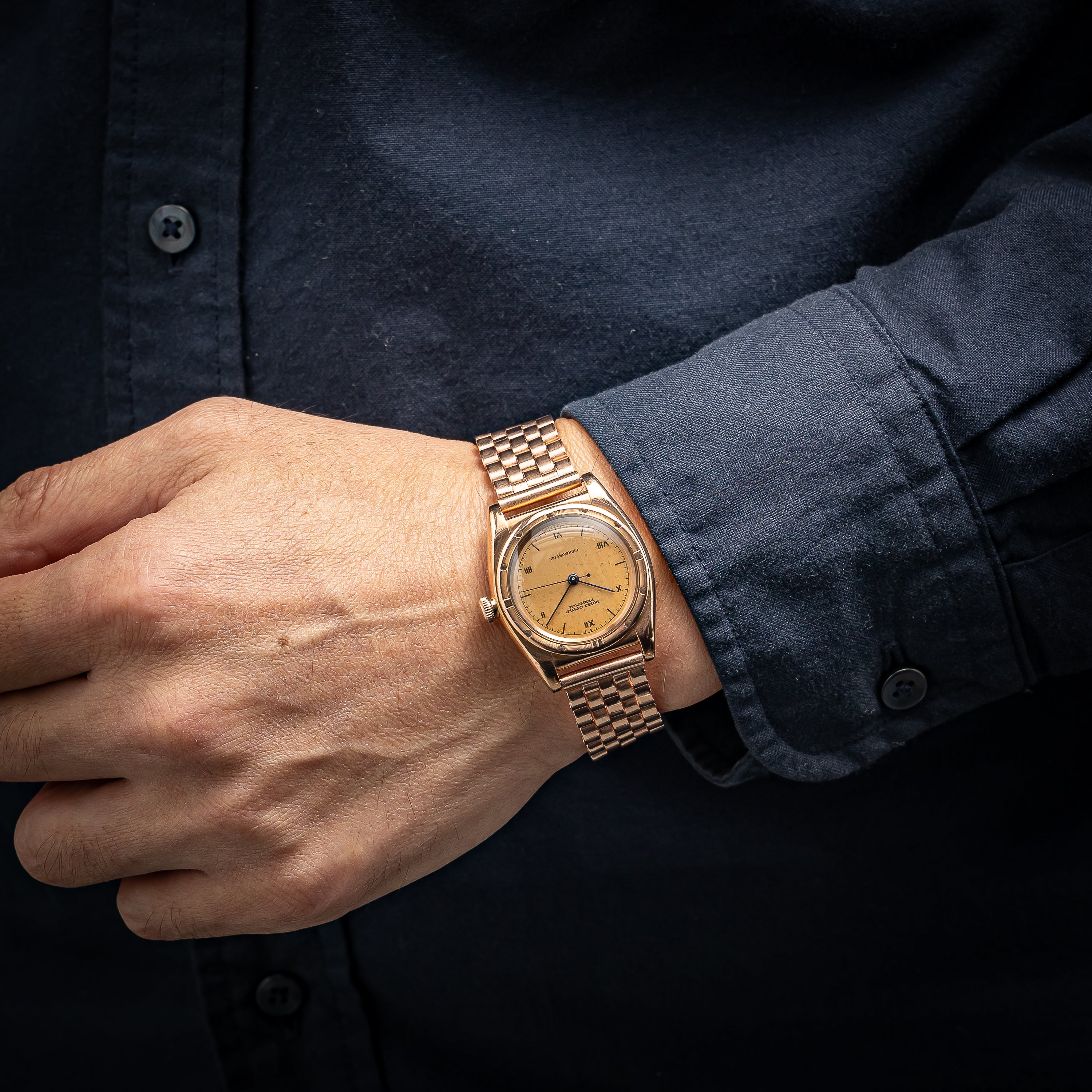 ロレックス 9金無垢ピンクゴールド バブルバック 1938年製 Ref.3372 エンジンターンドベゼル CLEWCOブレス