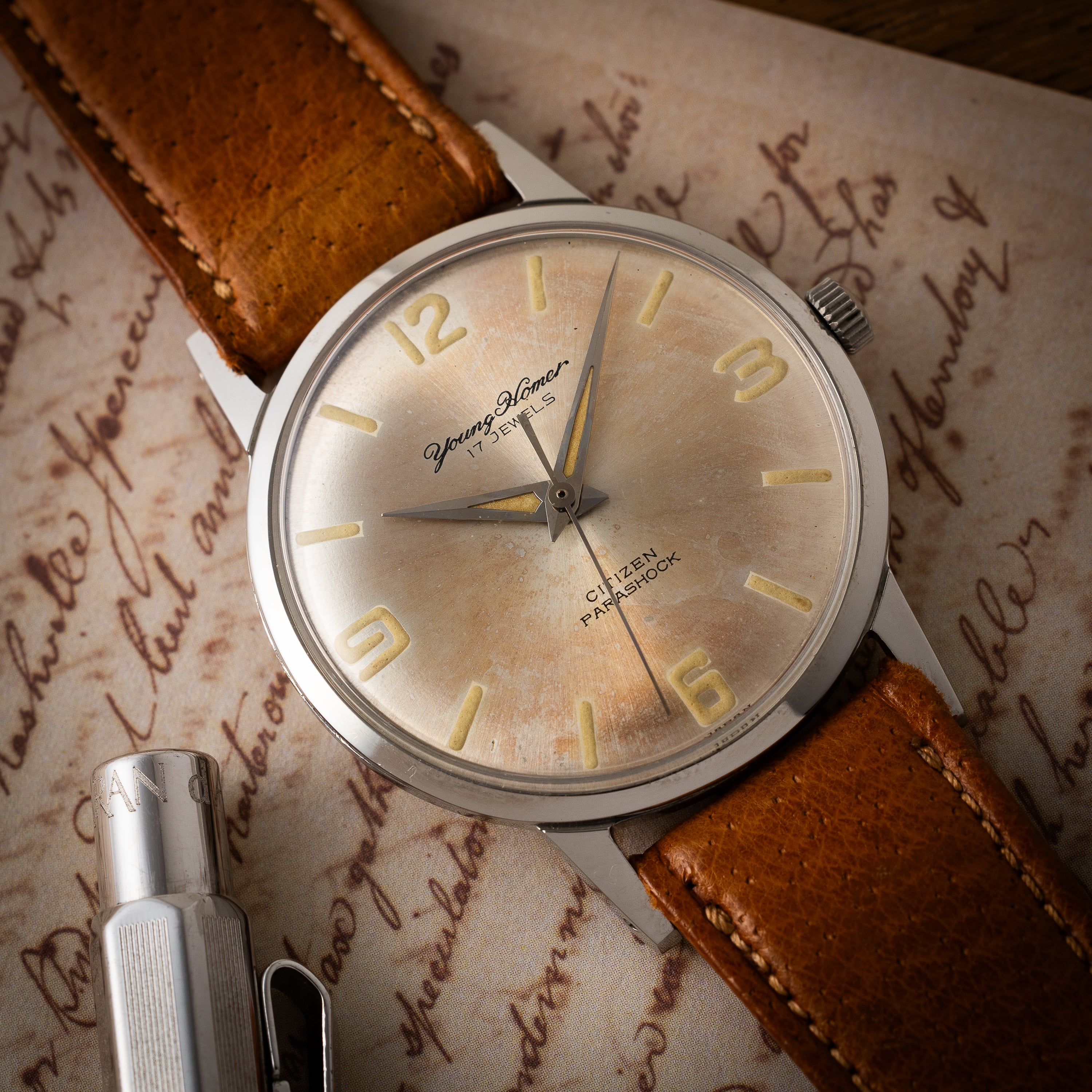 シチズン ヤングホーマー 1965年製 オリジナル夜光入り文字盤 手巻き式 オリジナル革ベルト、タグ付き美品