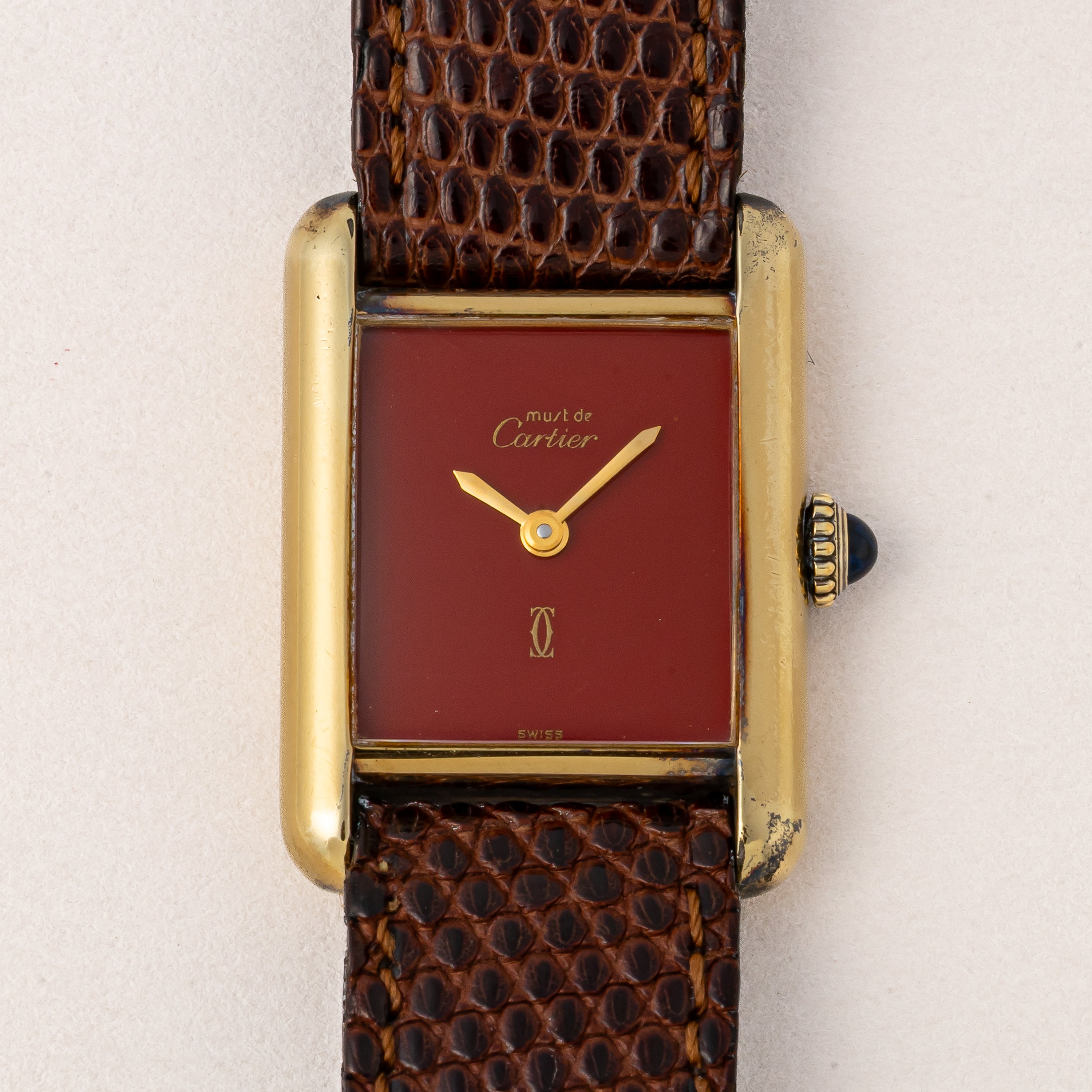 カルティエ マストタンク 1980年代製 SMサイズ 手巻き ボルドーダイヤル 純正革ベルト、純正尾錠付き