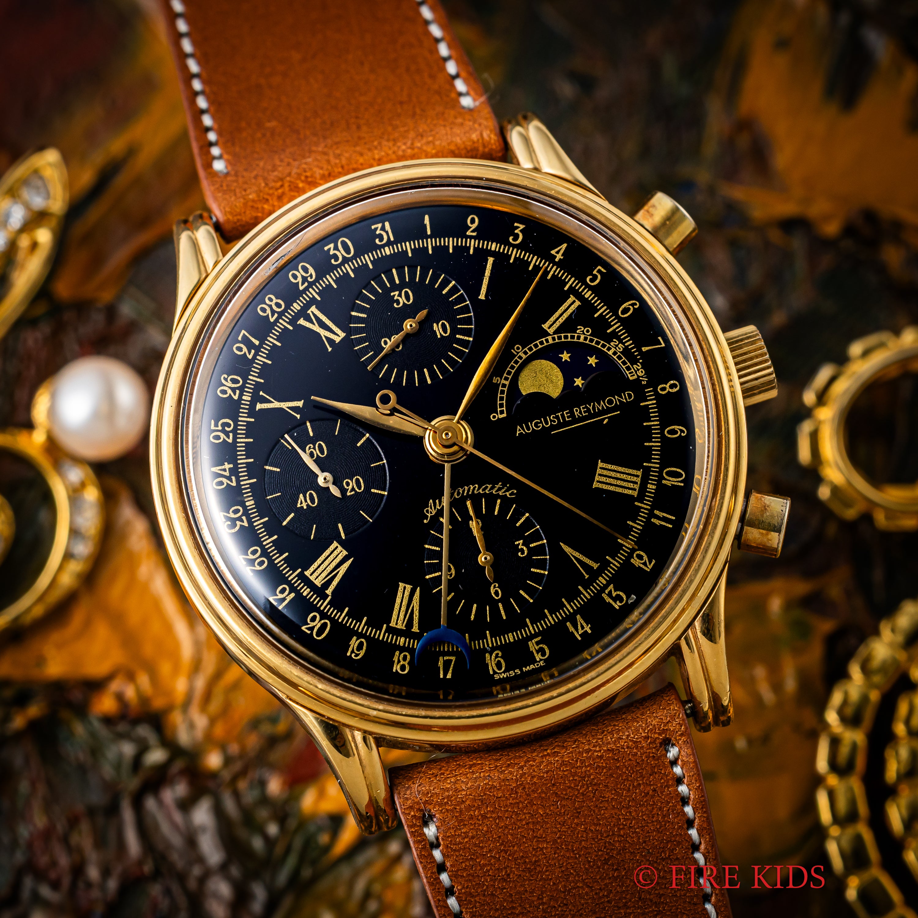 オーガストレイモンド 自動巻ムーンフェイズクロノグラフ 1990年代製 cal.バルジュー7750 スケルトンバック