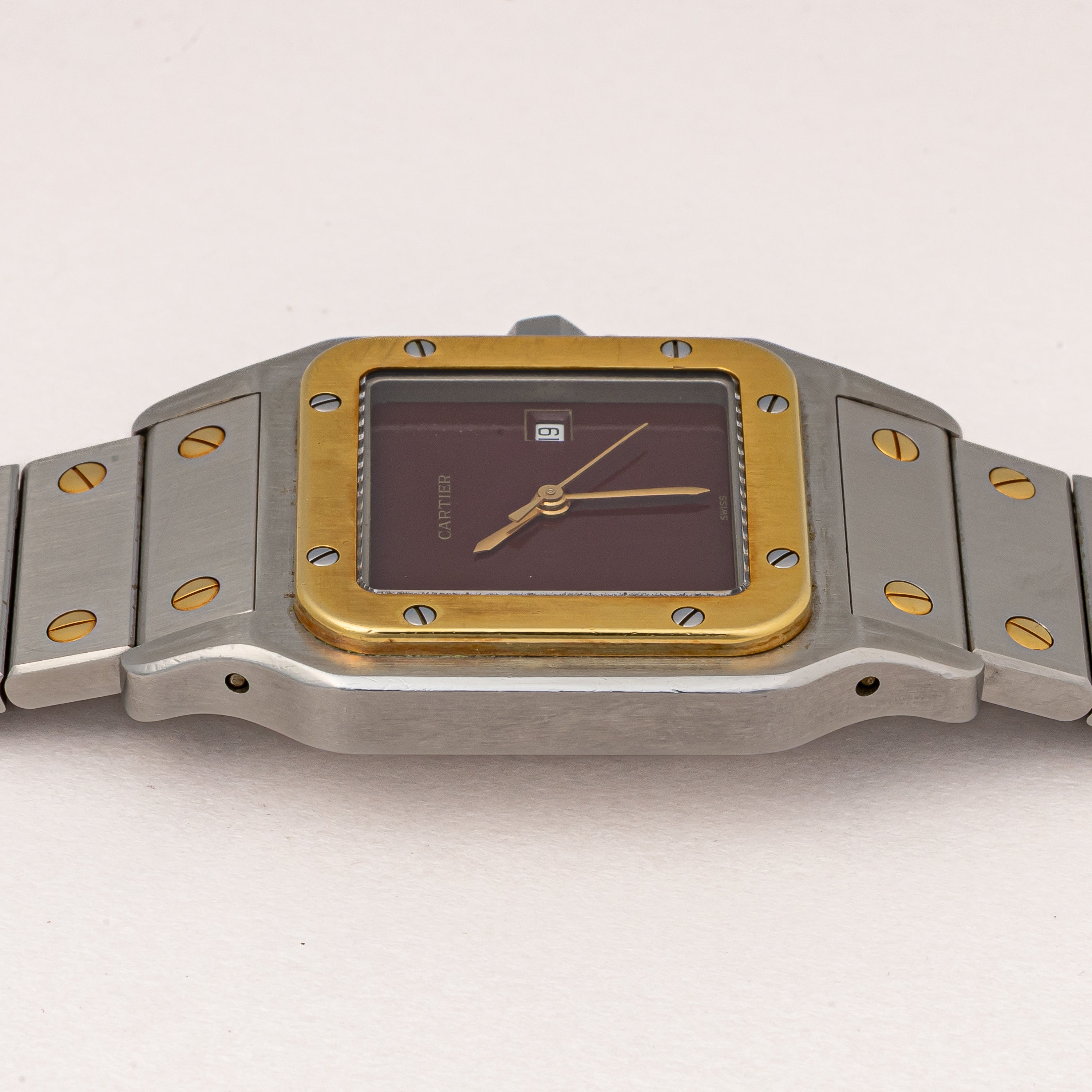 カルティエ サントス LMサイズ コンビ 自動巻き ガーネットダイヤル