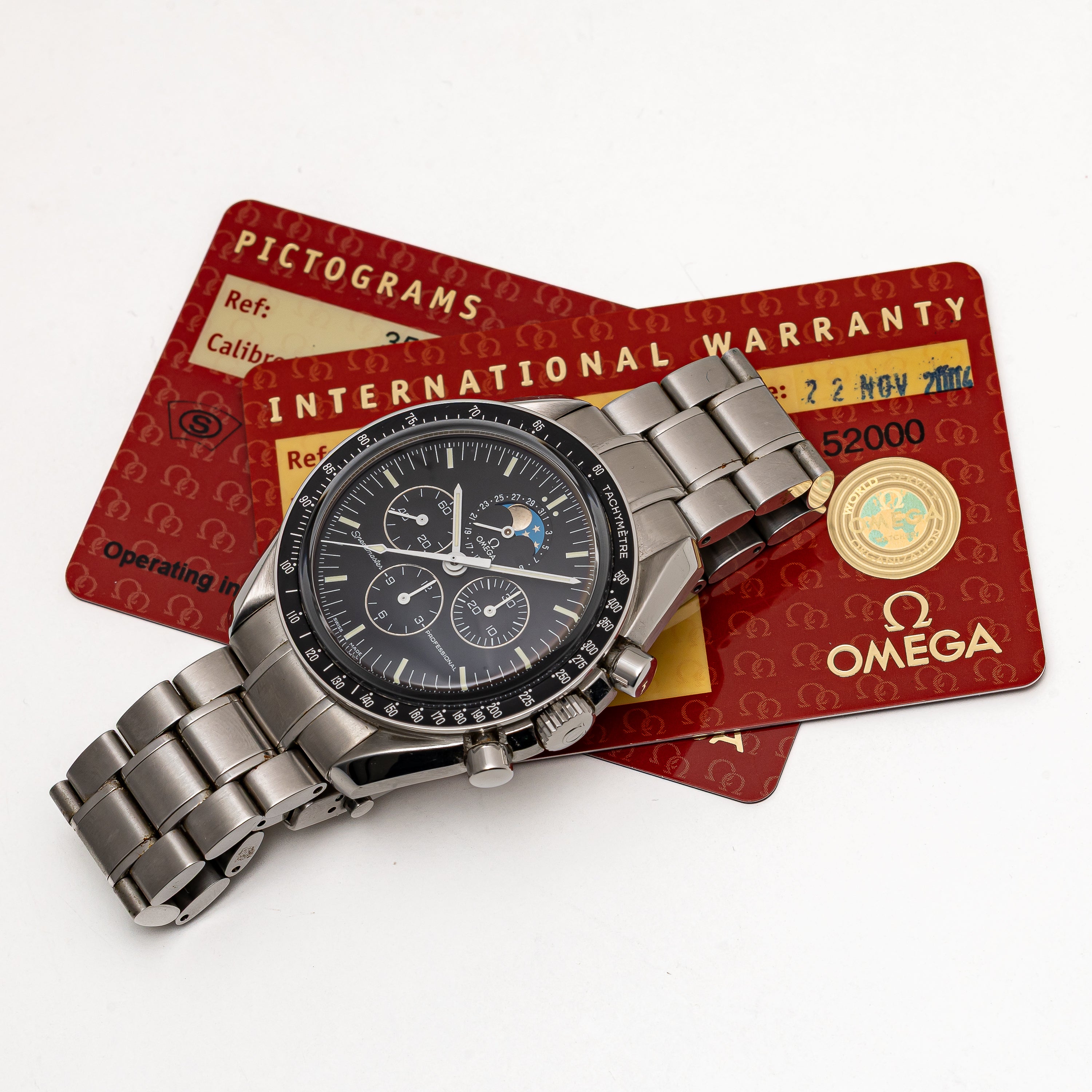 オメガ スピードマスター プロフェッショナル ムーンフェイズ 箱、2004年発行ギャラ付き スケルトンバック