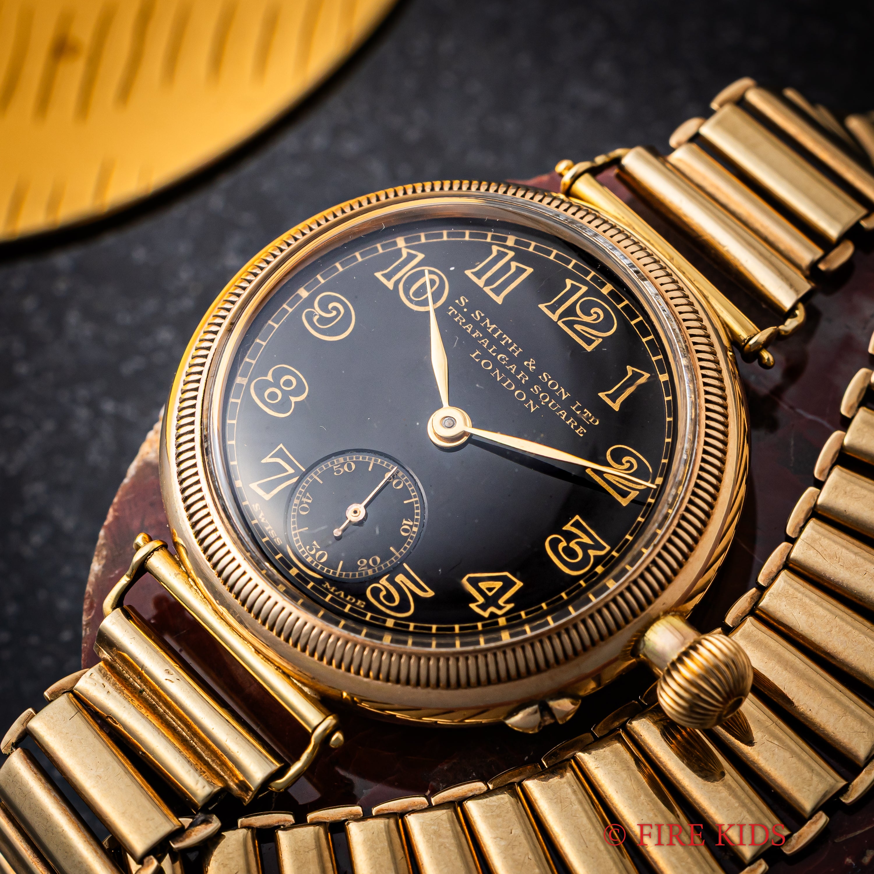 スミス ロンジン 9金無垢FBケース ブラックポーセリンダイヤル 1922~23年製 手巻 Cal.12.92 BONKLIP 9金無垢バンブーブレス