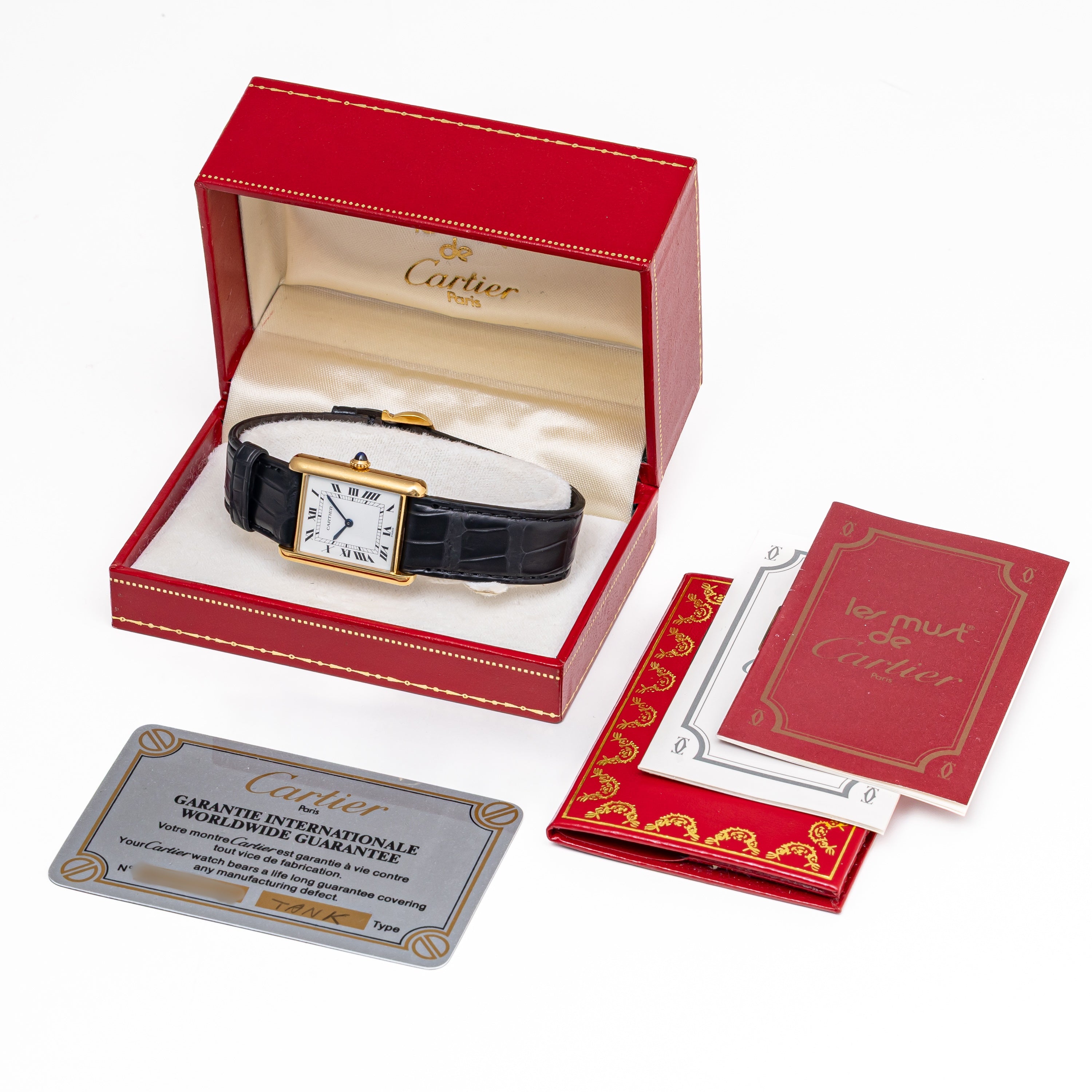 カルティエ タンクルイ18金無垢LMサイズ PARISダイヤル 手巻 1984年ギャラ、箱付き Ref.7808 純正金無垢尾錠付き
