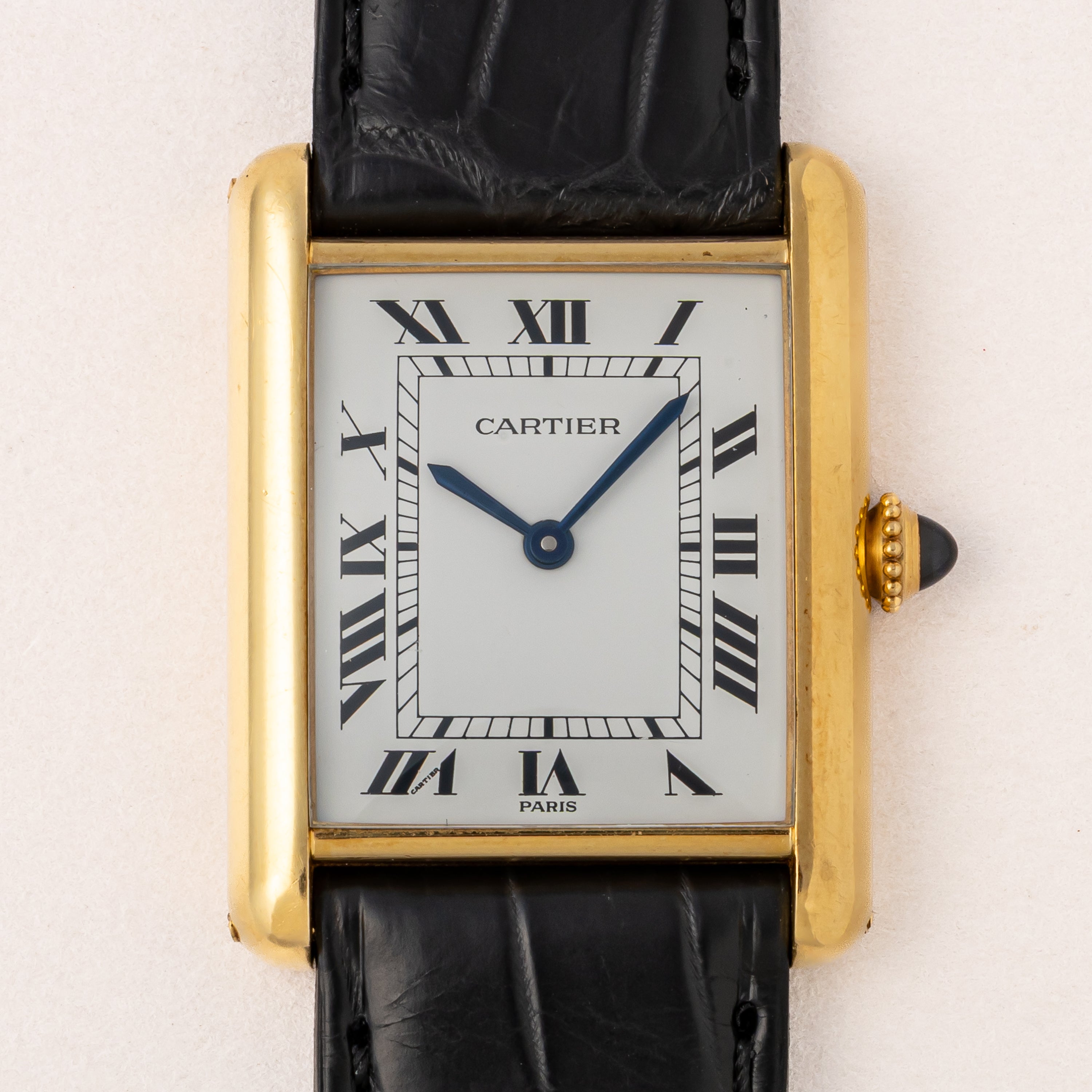 カルティエ タンクルイ18金無垢LMサイズ PARISダイヤル 手巻 1984年ギャラ、箱付き Ref.7808 純正金無垢尾錠付き