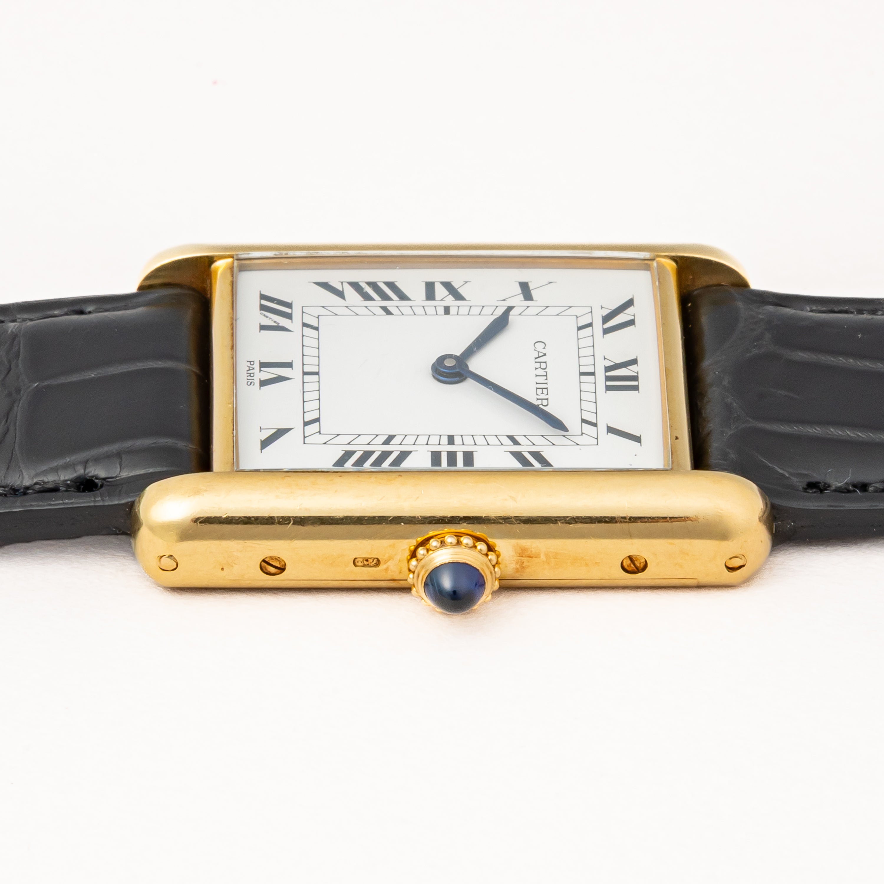 カルティエ タンクルイ18金無垢LMサイズ PARISダイヤル 手巻 1984年ギャラ、箱付き Ref.7808 純正金無垢尾錠付き