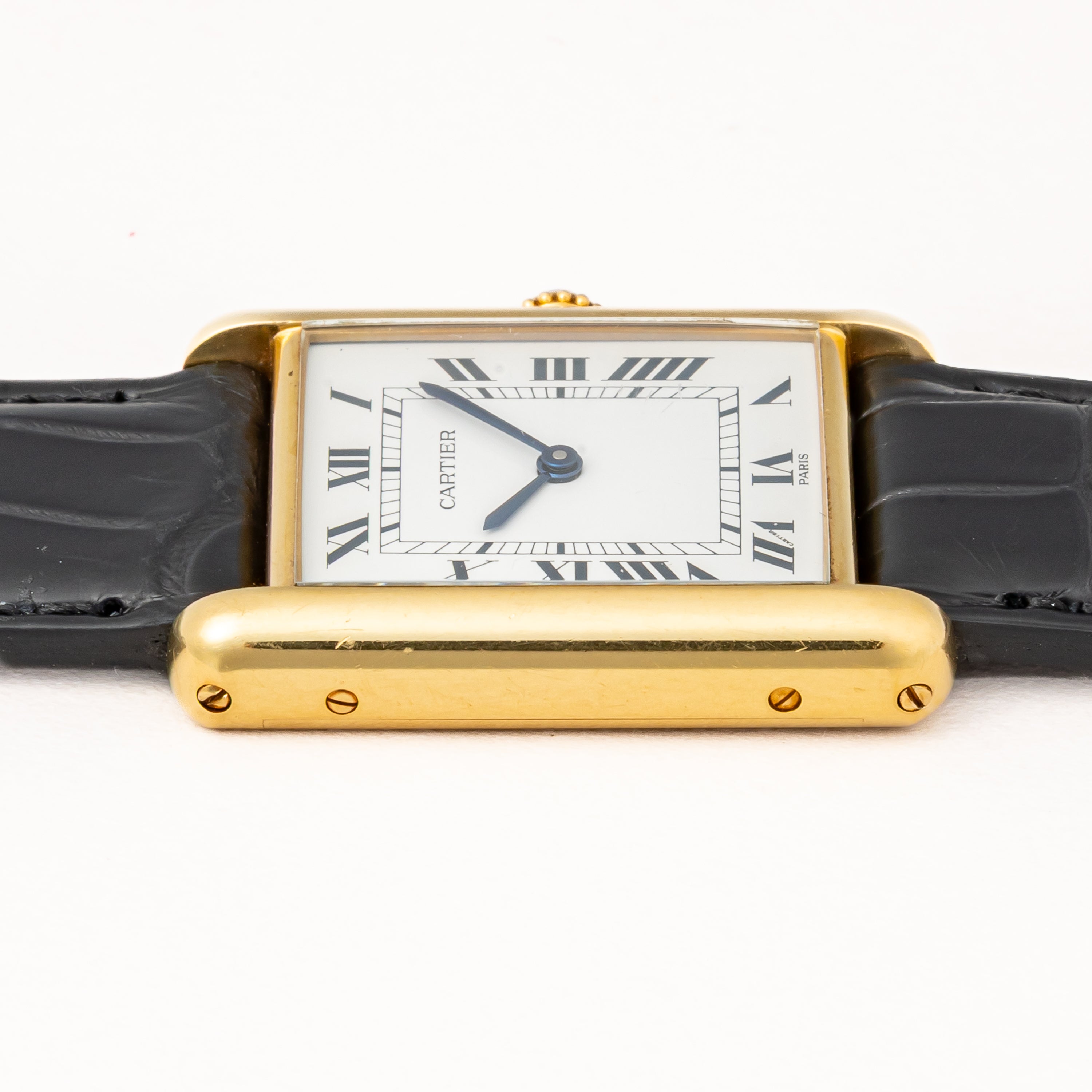 カルティエ タンクルイ18金無垢LMサイズ PARISダイヤル 手巻 1984年ギャラ、箱付き Ref.7808 純正金無垢尾錠付き