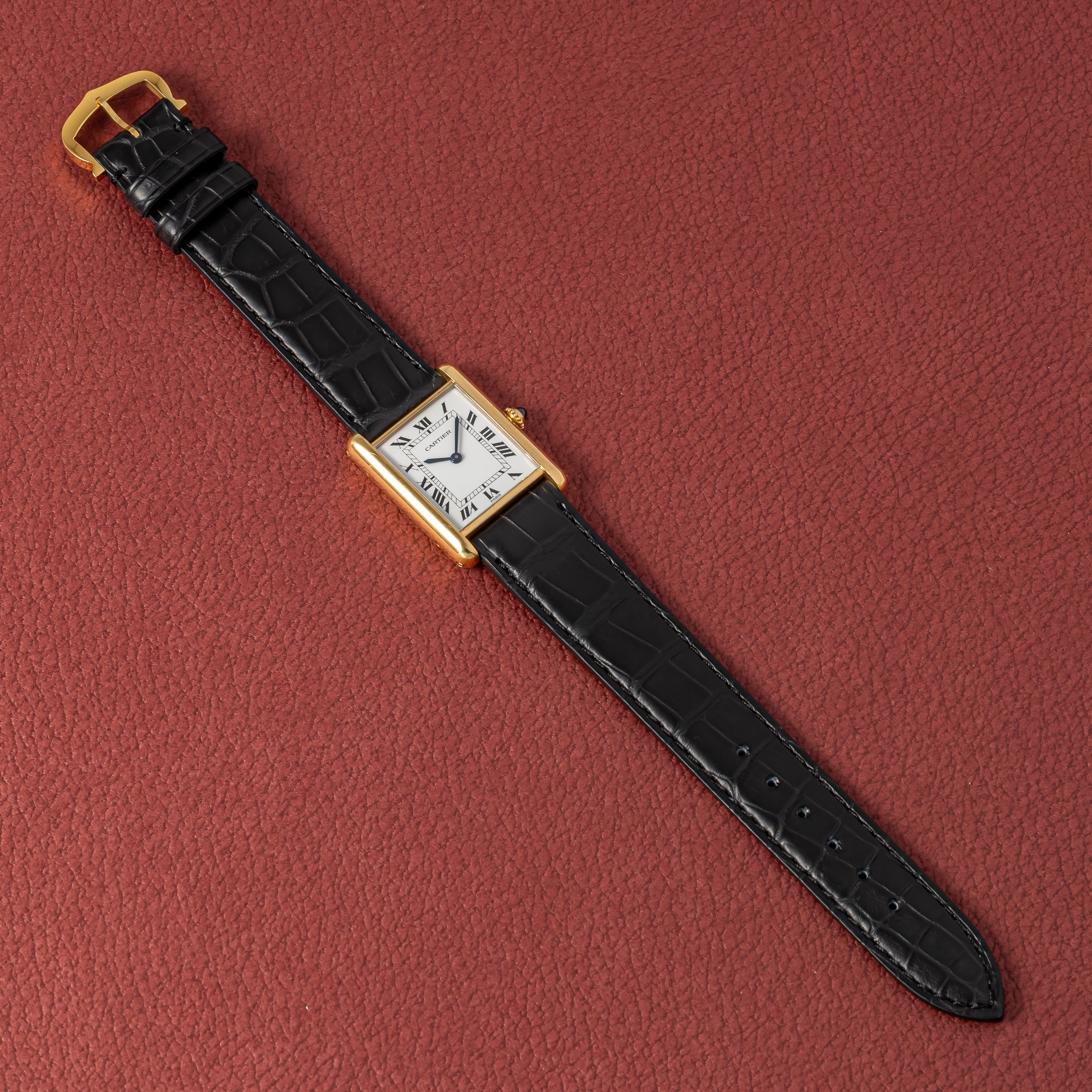 カルティエ タンクルイ18金無垢LMサイズ PARISダイヤル 手巻 1984年ギャラ、箱付き Ref.7808 純正金無垢尾錠付き