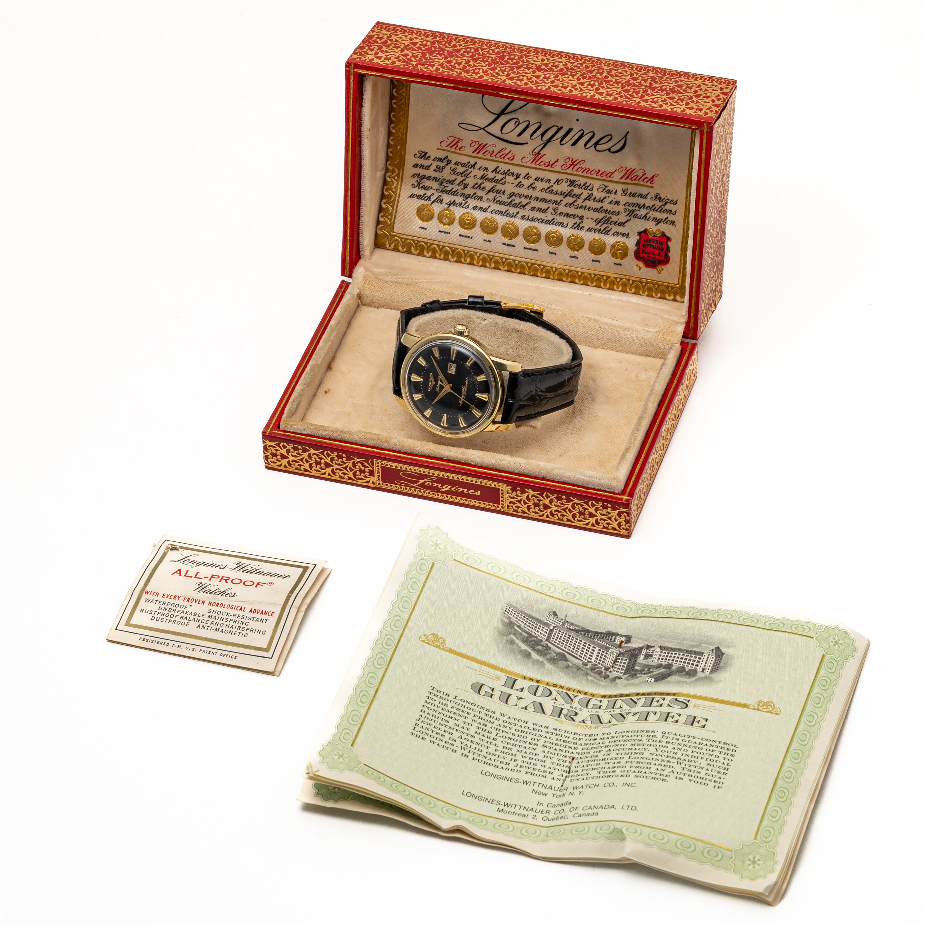ロンジン コンクエスト ブラック文字盤 CAPゴールド 1959年製 Ref.9007 Cal.19ASD 箱、ギャラ、 純正尾錠付き