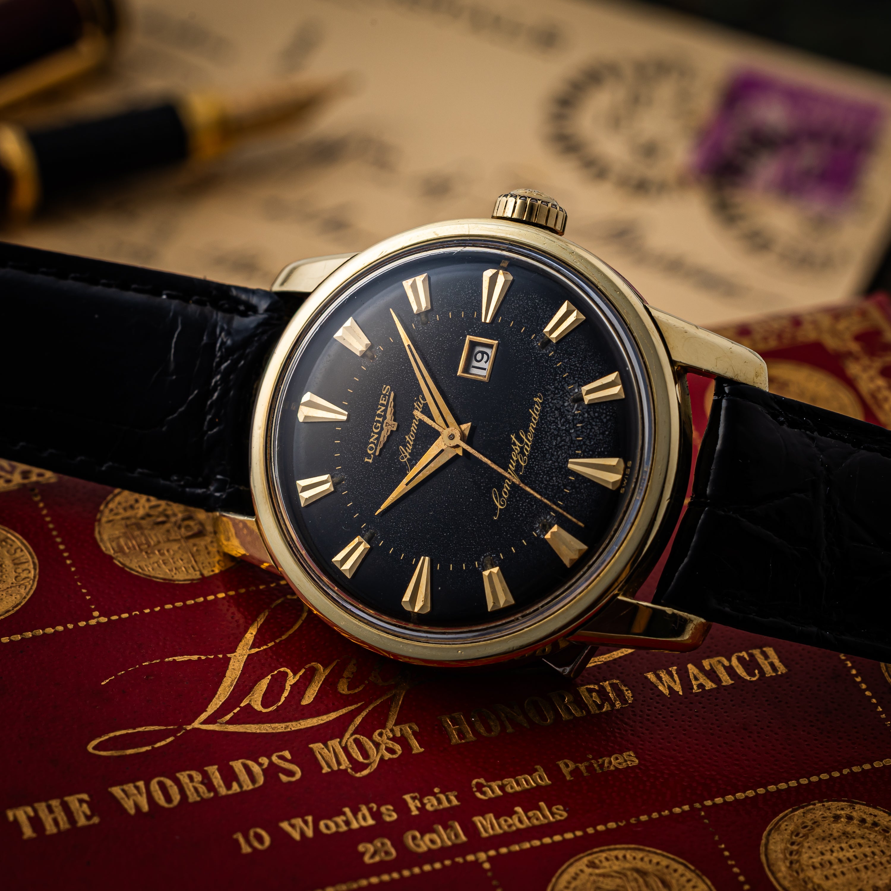 ロンジン コンクエスト ブラック文字盤 CAPゴールド 1959年製 Ref.9007 Cal.19ASD 箱、ギャラ、 純正尾錠付き