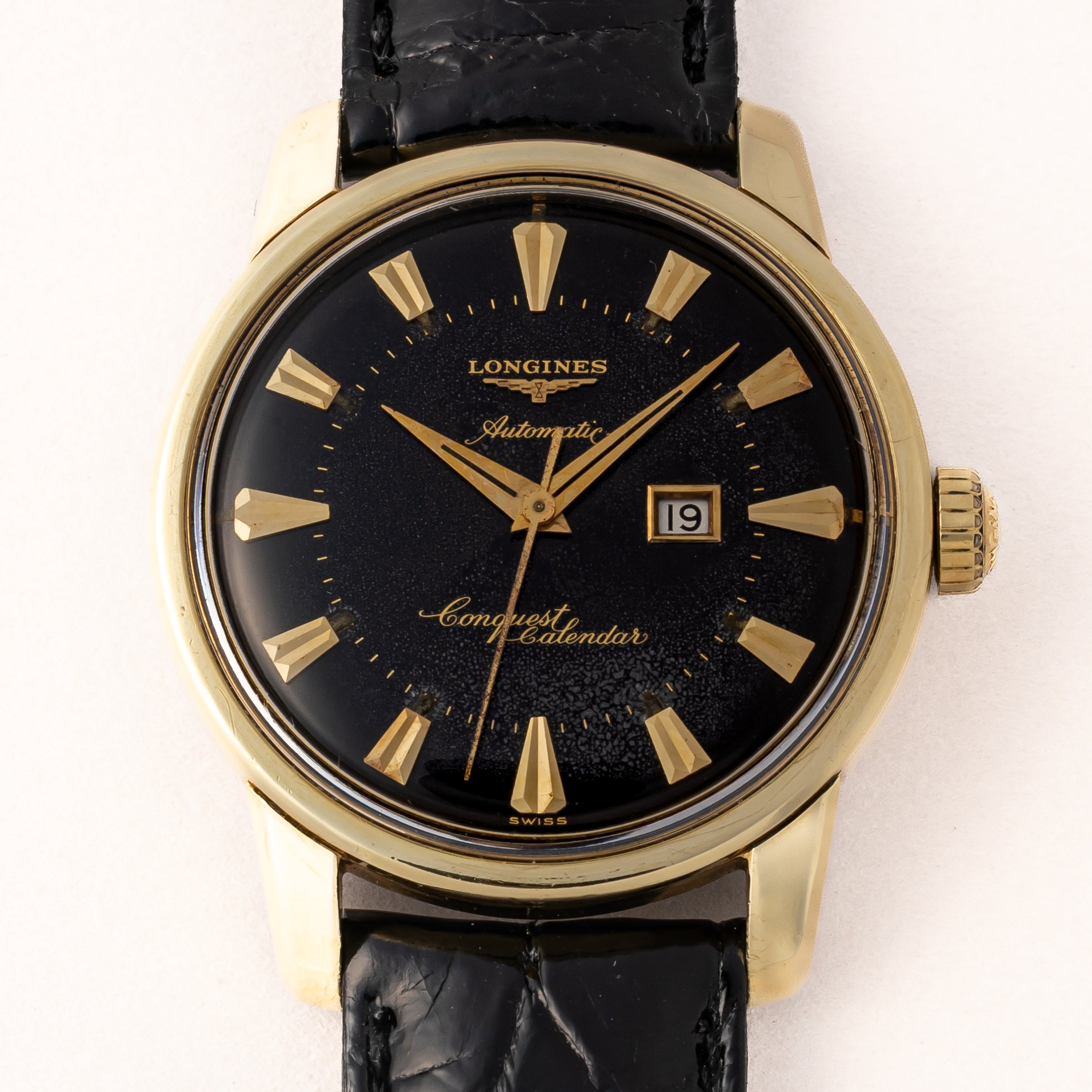 ロンジン コンクエスト ブラック文字盤 CAPゴールド 1959年製 Ref.9007 Cal.19ASD 箱、ギャラ、 純正尾錠付き