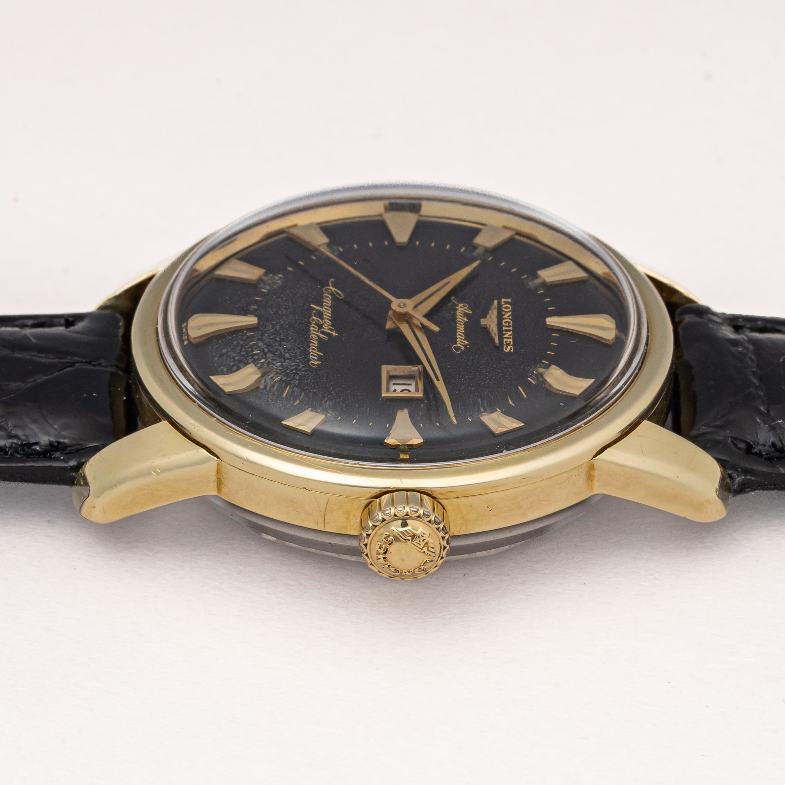 ロンジン コンクエスト ブラック文字盤 CAPゴールド 1959年製 Ref.9007 Cal.19ASD 箱、ギャラ、 純正尾錠付き