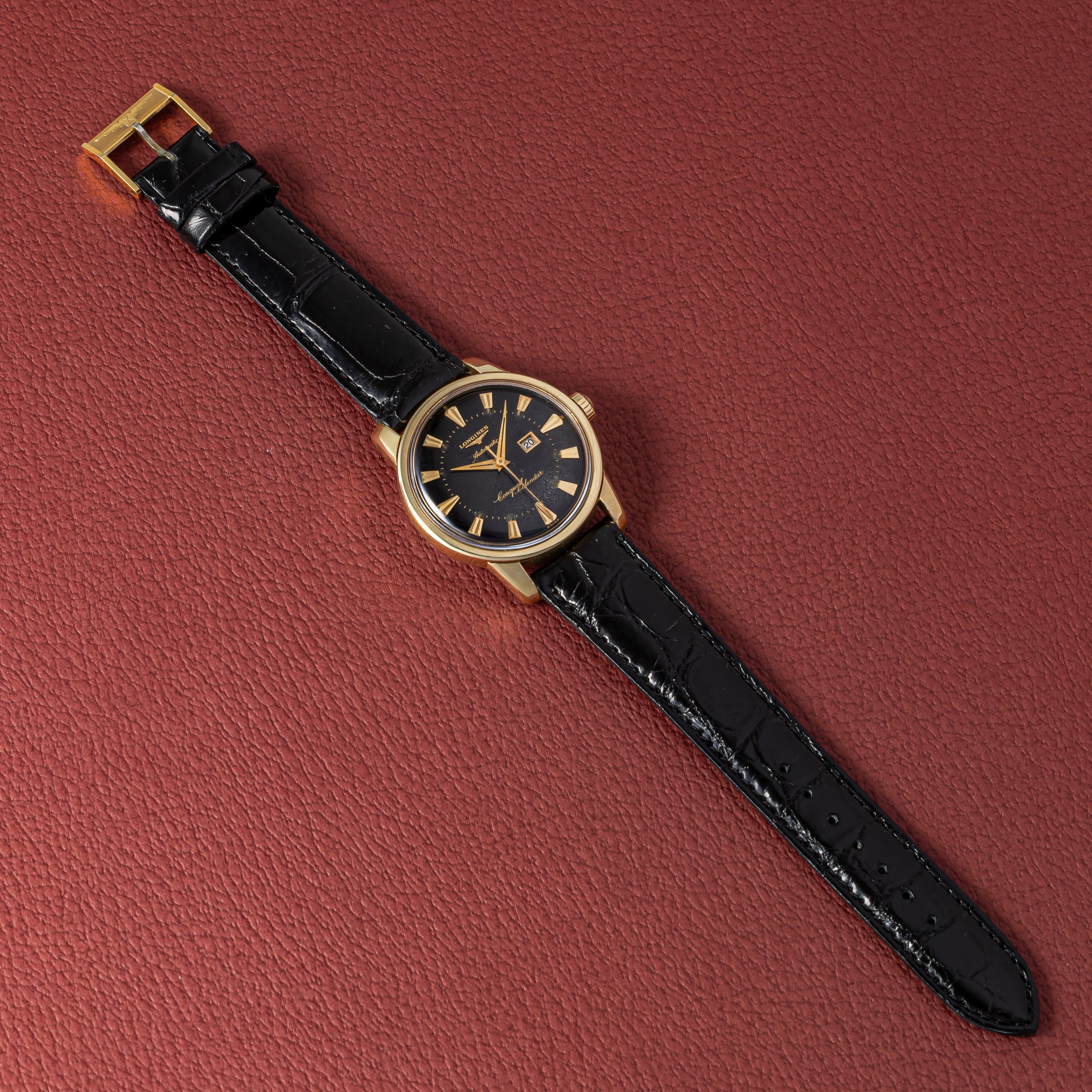 ロンジン コンクエスト ブラック文字盤 CAPゴールド 1959年製 Ref.9007 Cal.19ASD 箱、ギャラ、 純正尾錠付き