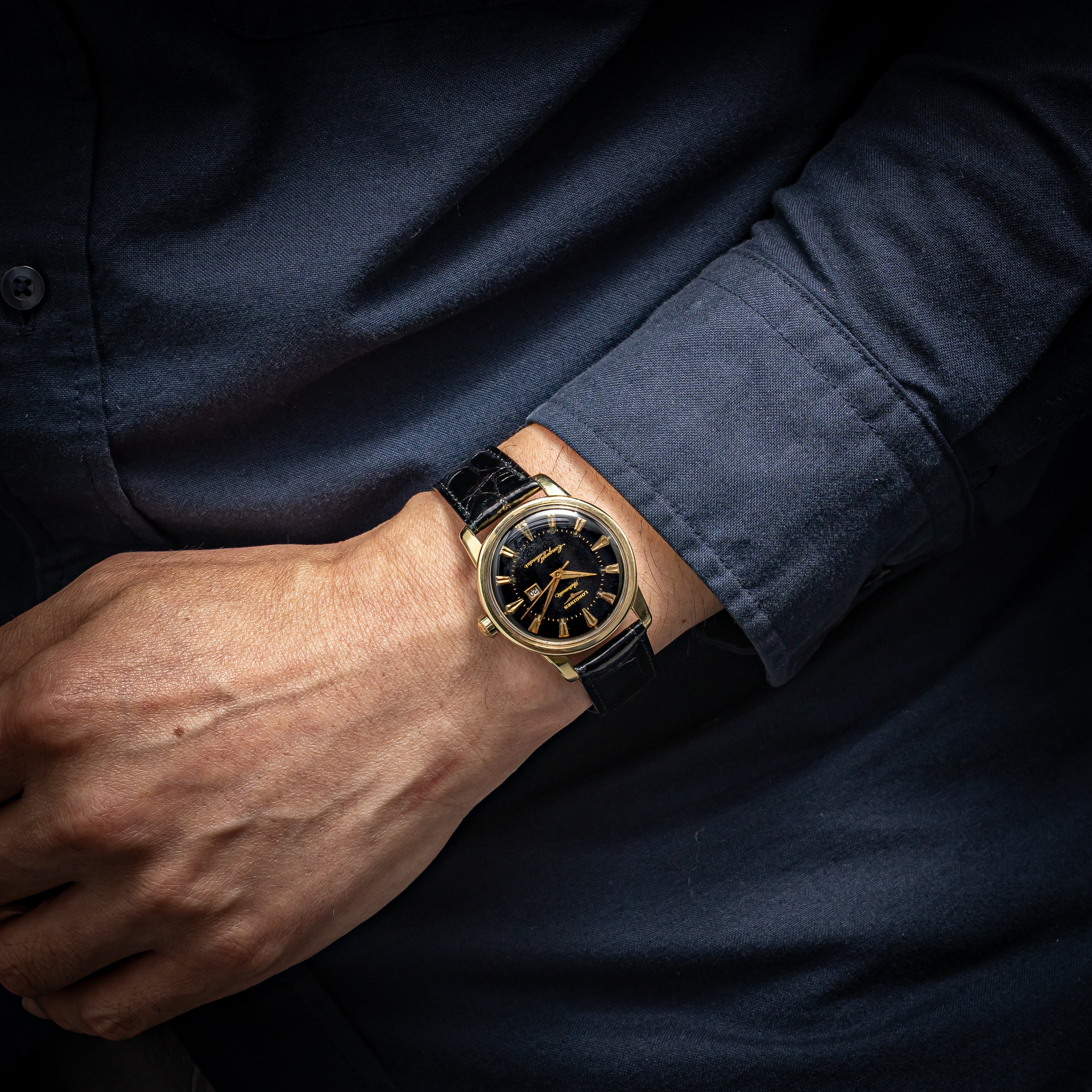 ロンジン コンクエスト ブラック文字盤 CAPゴールド 1959年製 Ref.9007 Cal.19ASD 箱、ギャラ、 純正尾錠付き