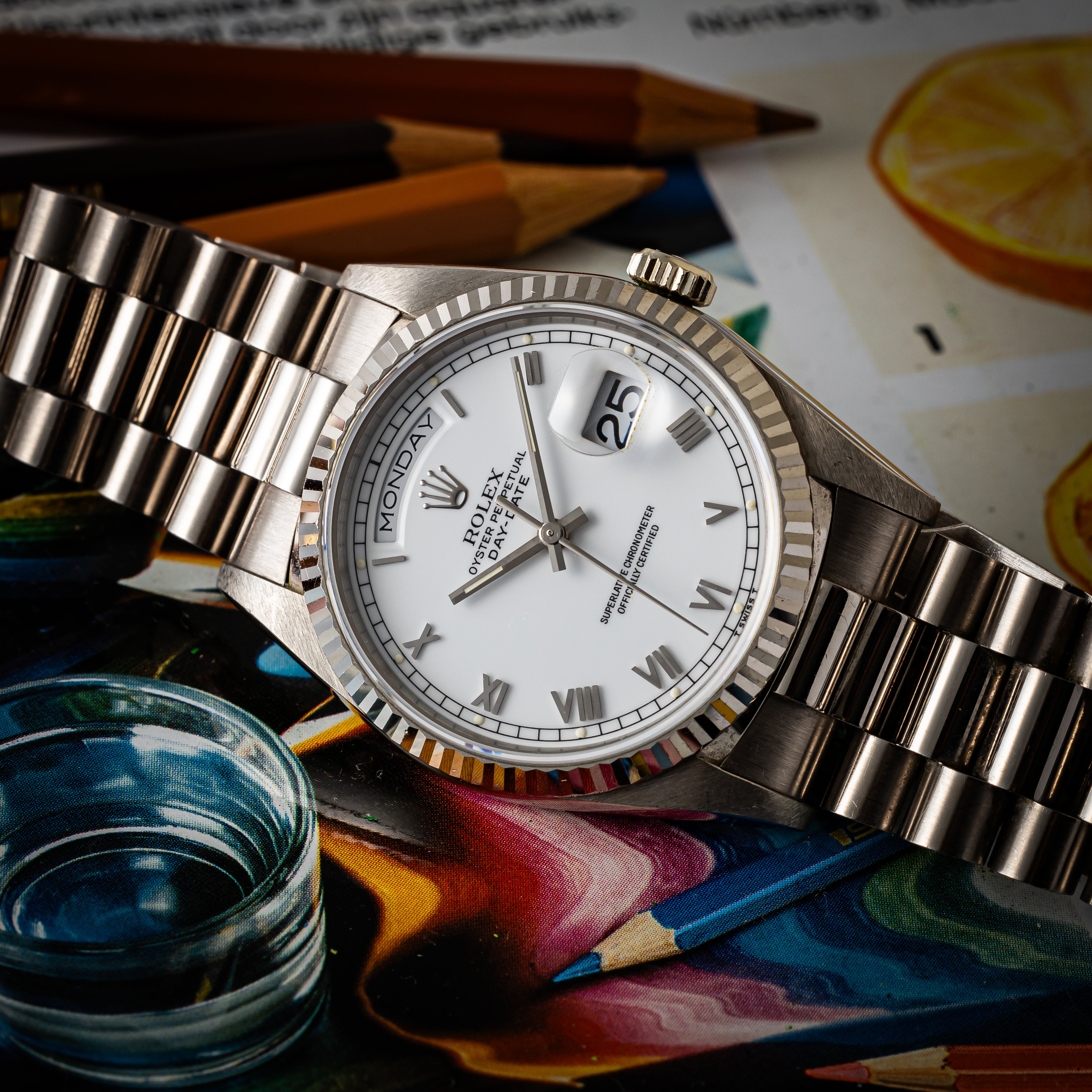 ロレックス デイデイト 1995年製 Ref.18239 18KWG ホワイトローマンダイヤル 箱、ギャラ付き