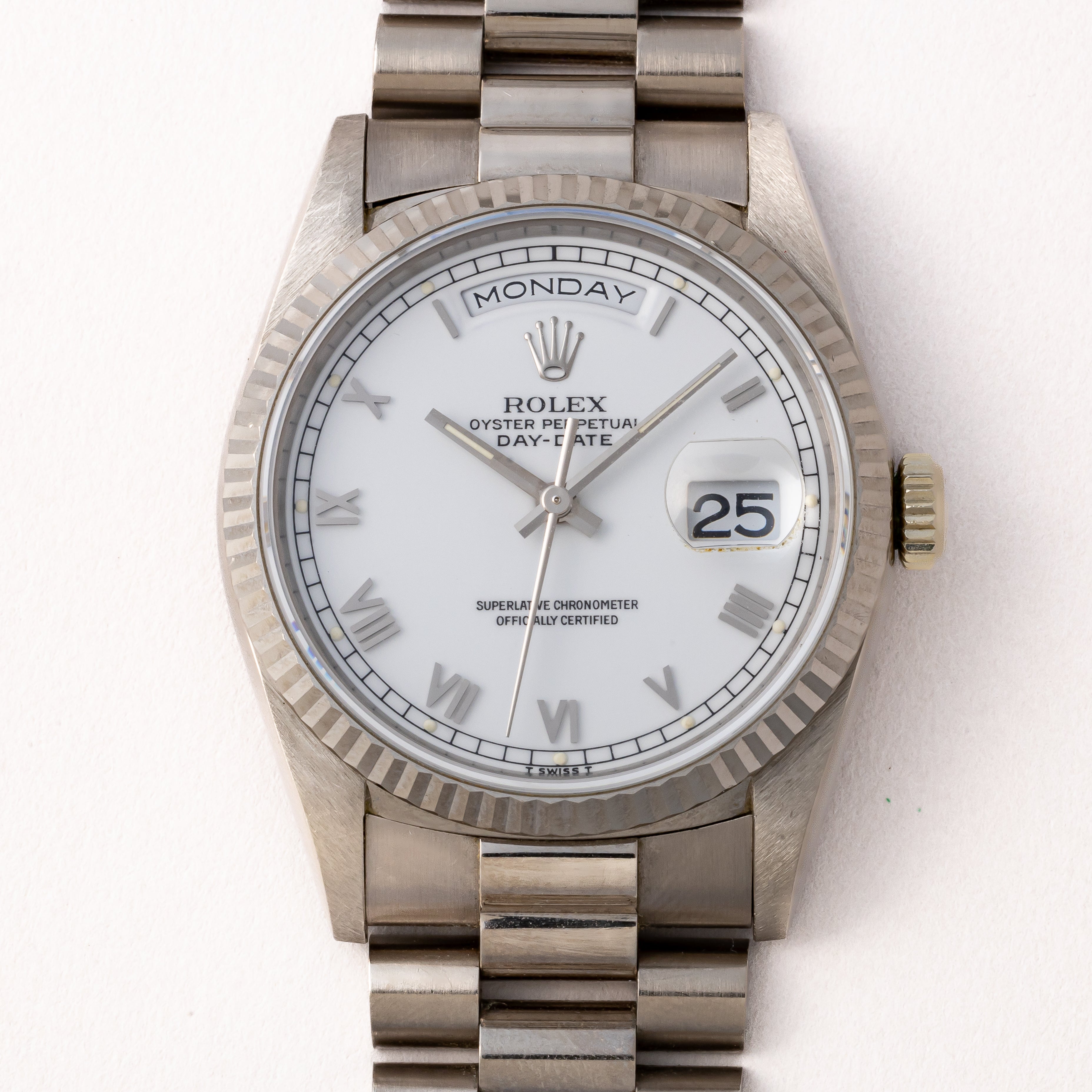 ロレックス デイデイト 1995年製 Ref.18239 18KWG ホワイトローマンダイヤル 箱、ギャラ付き