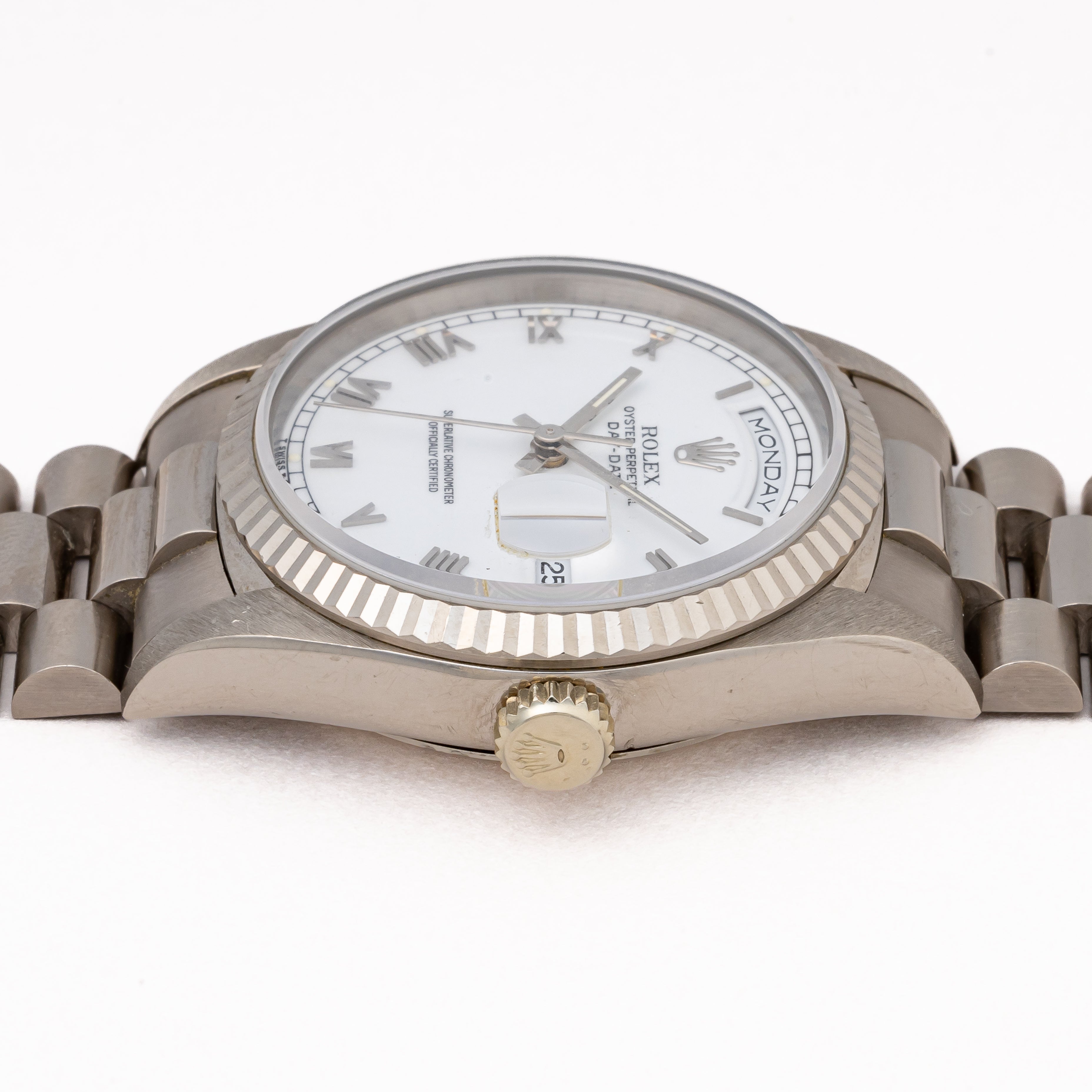 ロレックス デイデイト 1995年製 Ref.18239 18KWG ホワイトローマンダイヤル 箱、ギャラ付き