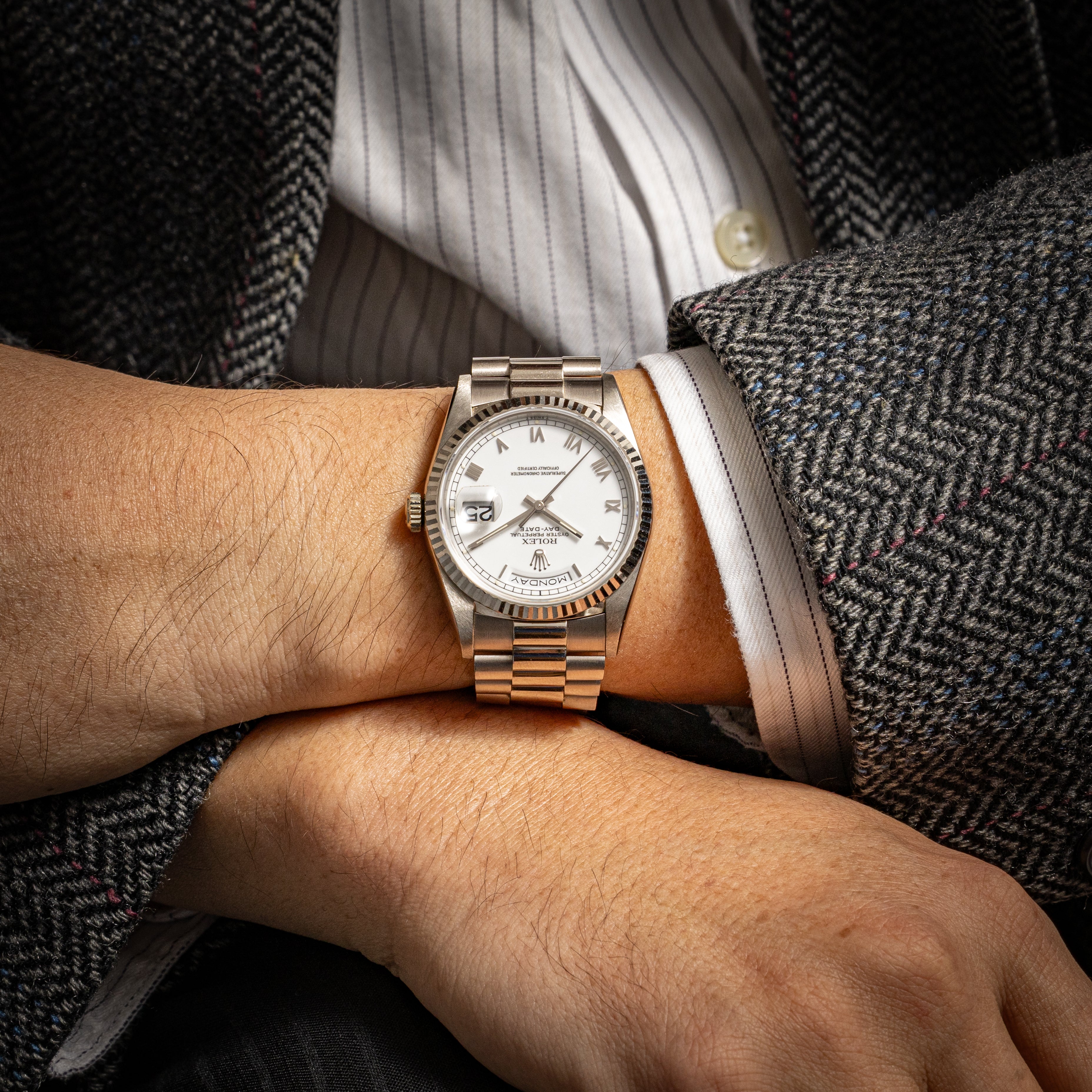 ロレックス デイデイト 1995年製 Ref.18239 18KWG ホワイトローマンダイヤル 箱、ギャラ付き