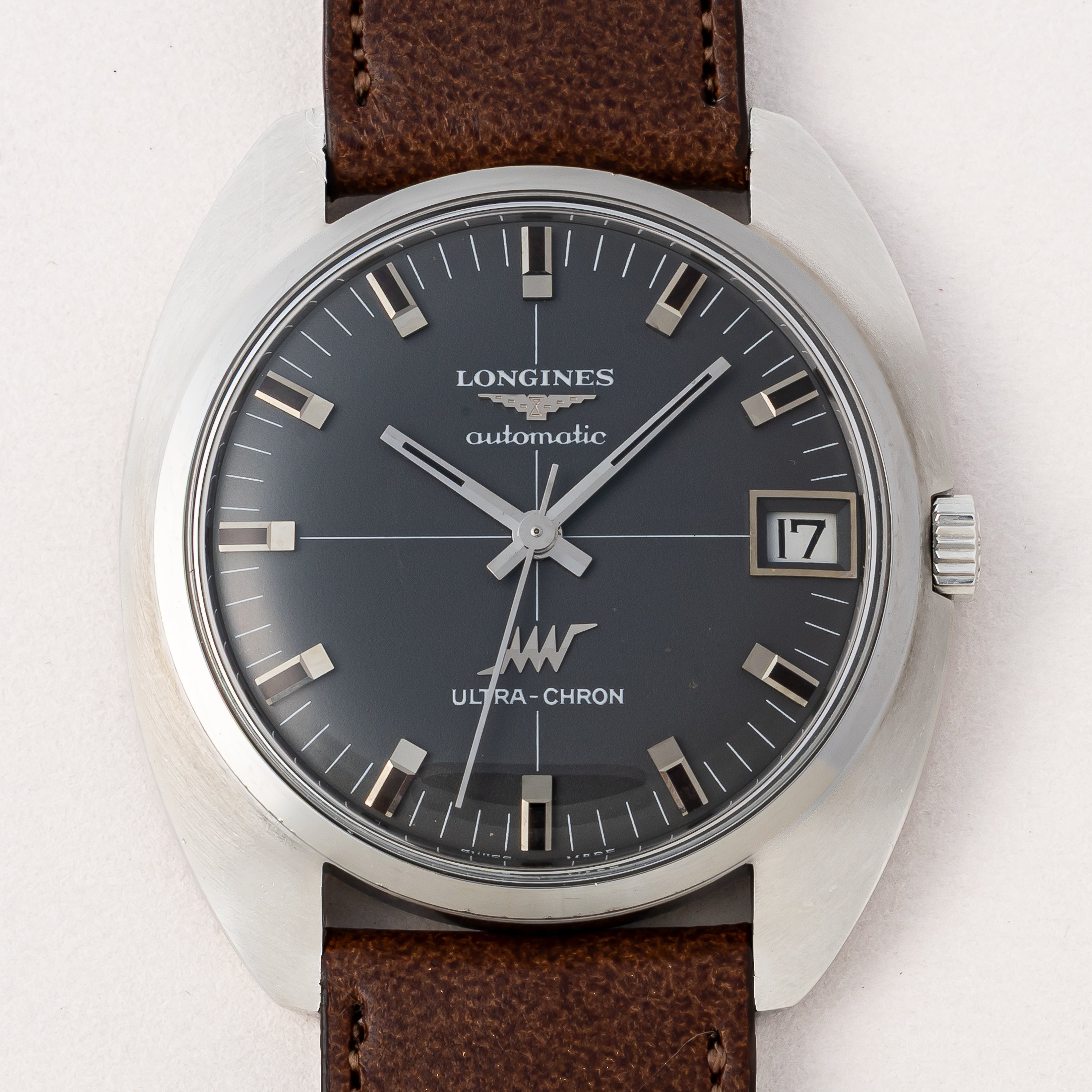 ロンジン ウルトラクロンロンジン 10振動自動巻 1969年製 クロスライン グレーダイヤル 純正尾錠付き