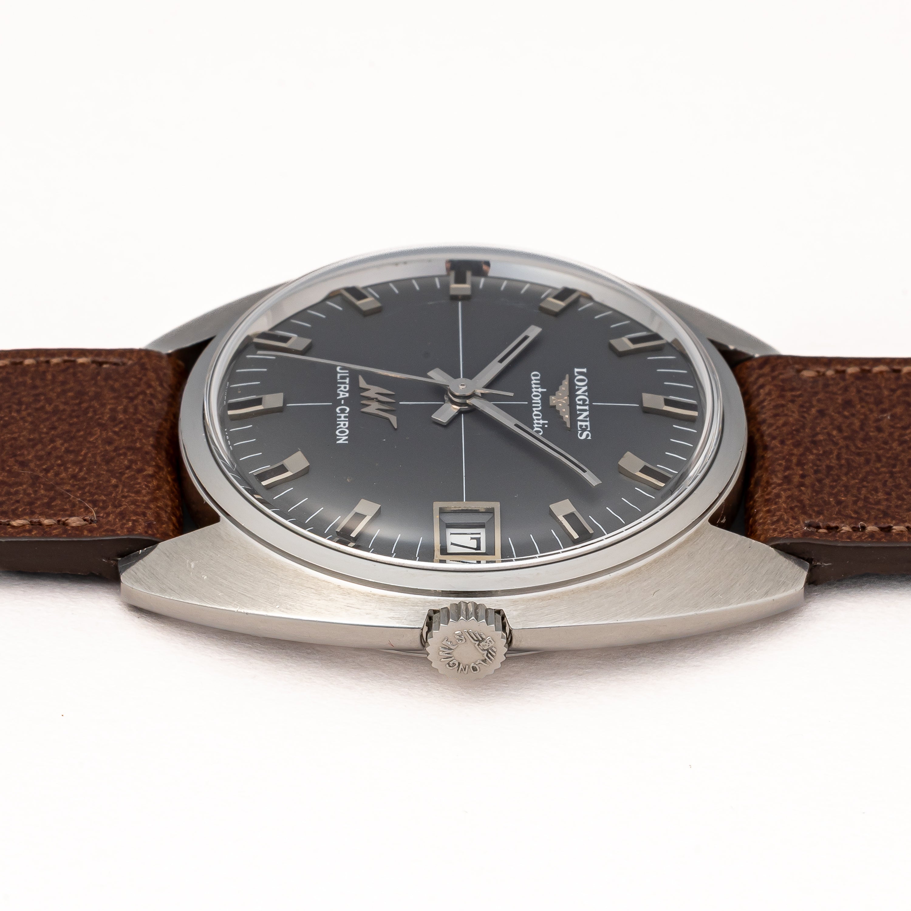 ロンジン ウルトラクロンロンジン 10振動自動巻 1969年製 クロスライン グレーダイヤル 純正尾錠付き