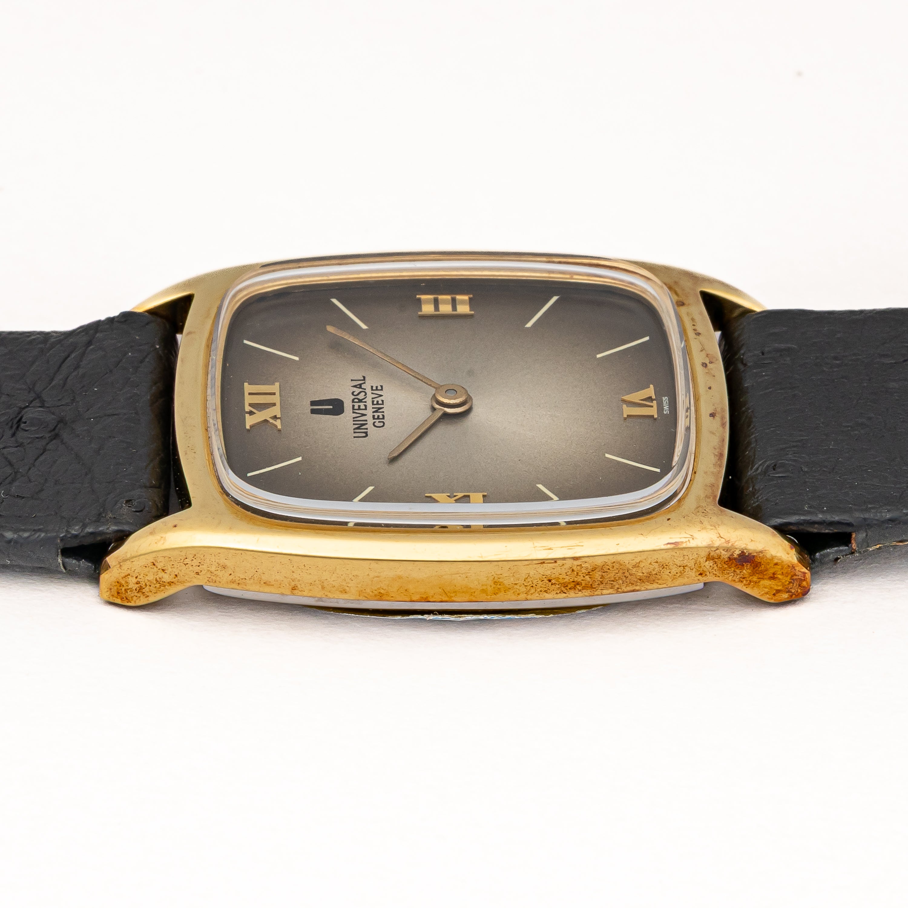 ユニバーサル・ジュネーブ ブラウンダイヤル 1970年代製 手巻き タグ付き 未使用品 純正革ベルト、純正尾錠、箱付き