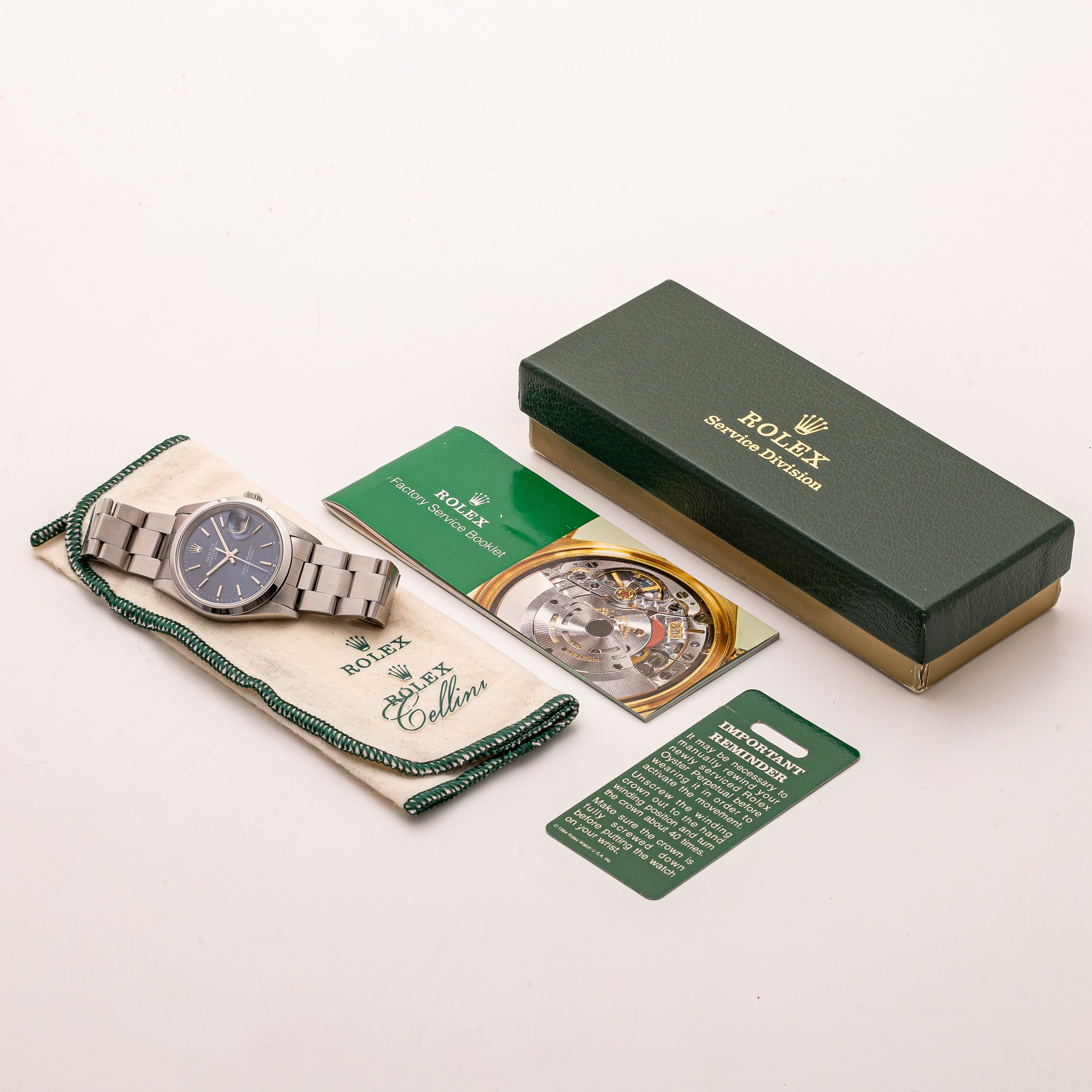 ロレックス オイスターパーペチュアルデイト 1997年製 Ref.15200 ブルーダイヤル 箱、クロス、冊子付き