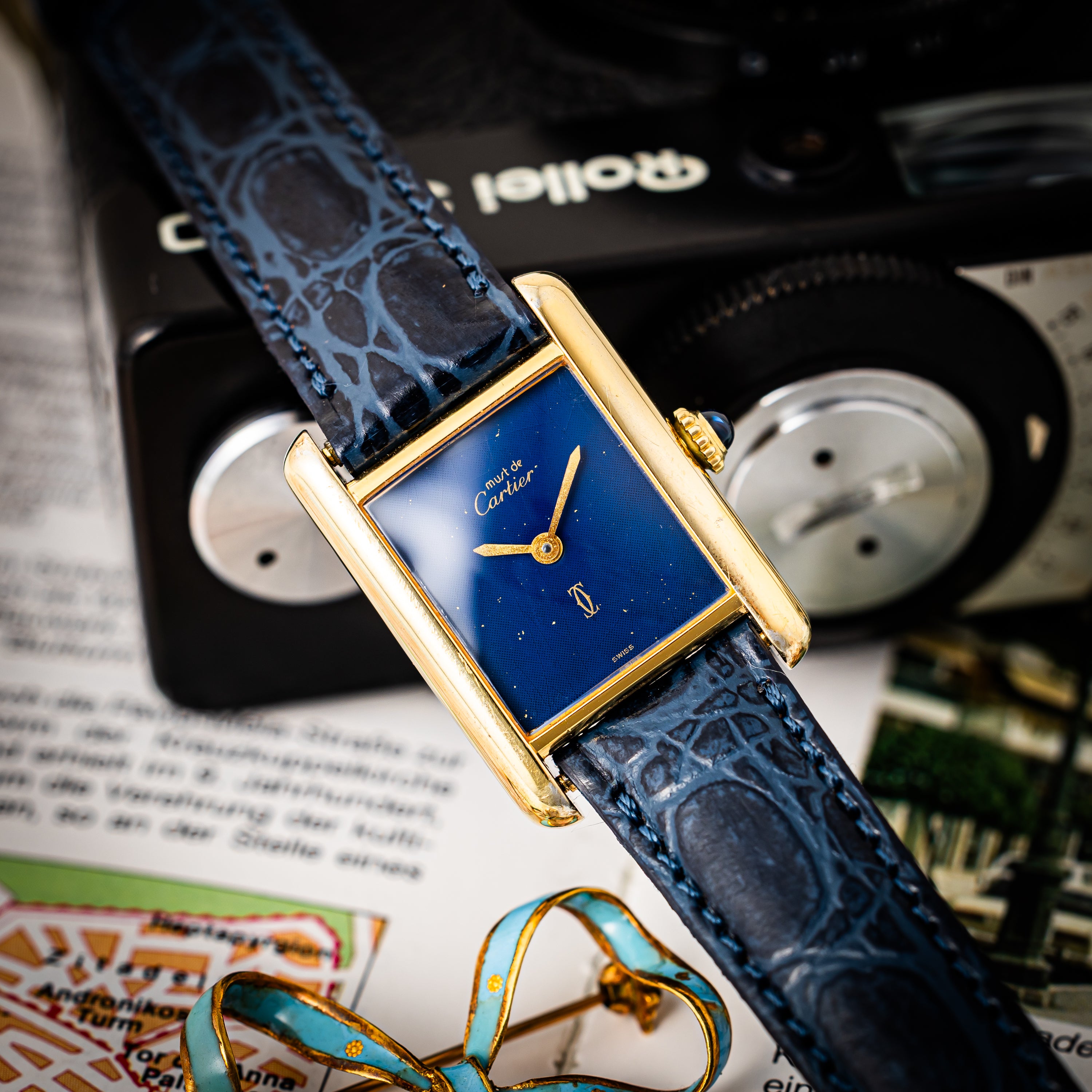 カルティエ マストタンク 1980年代製 SMサイズ 手巻き ラピスブルーダイヤル 純正尾錠付き