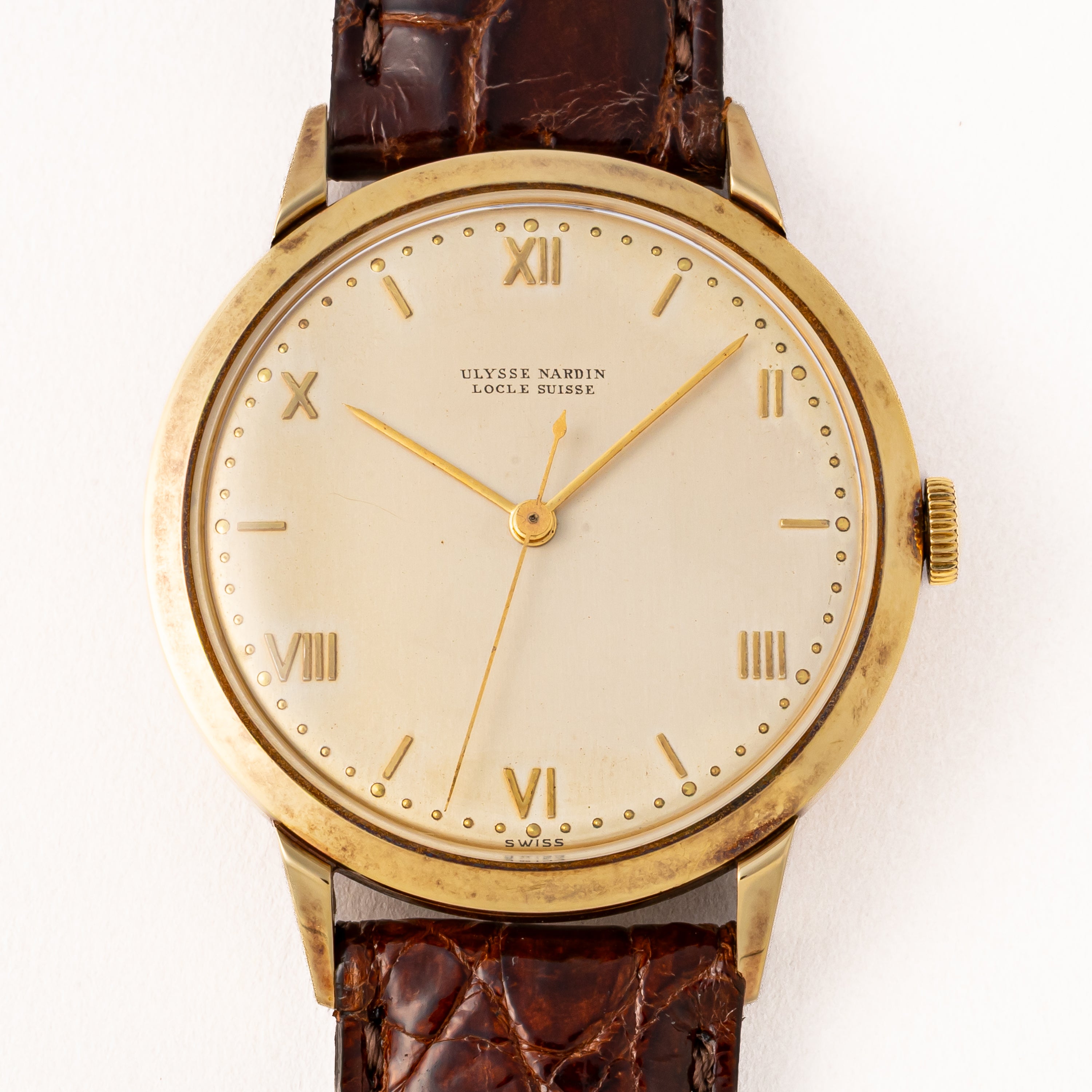 ユリスナルダン 14金無垢イエローゴールドラウンドケース 1950年代製 手巻 出車式センターセコンド