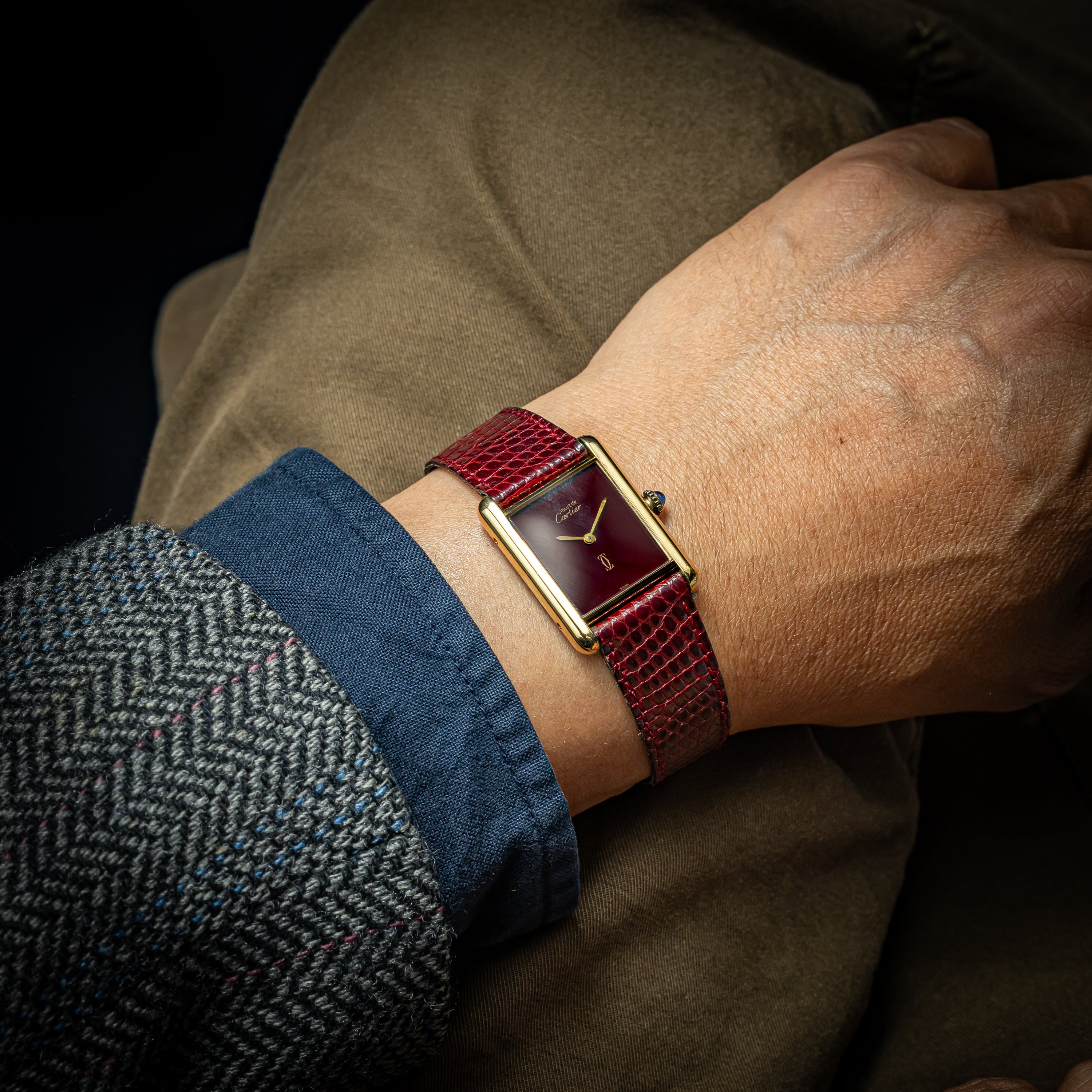 カルティエ マストタンク 1983年保証書 LMサイズ 手巻き ボルドーダイヤル 箱、ギャラ、純正尾錠付き