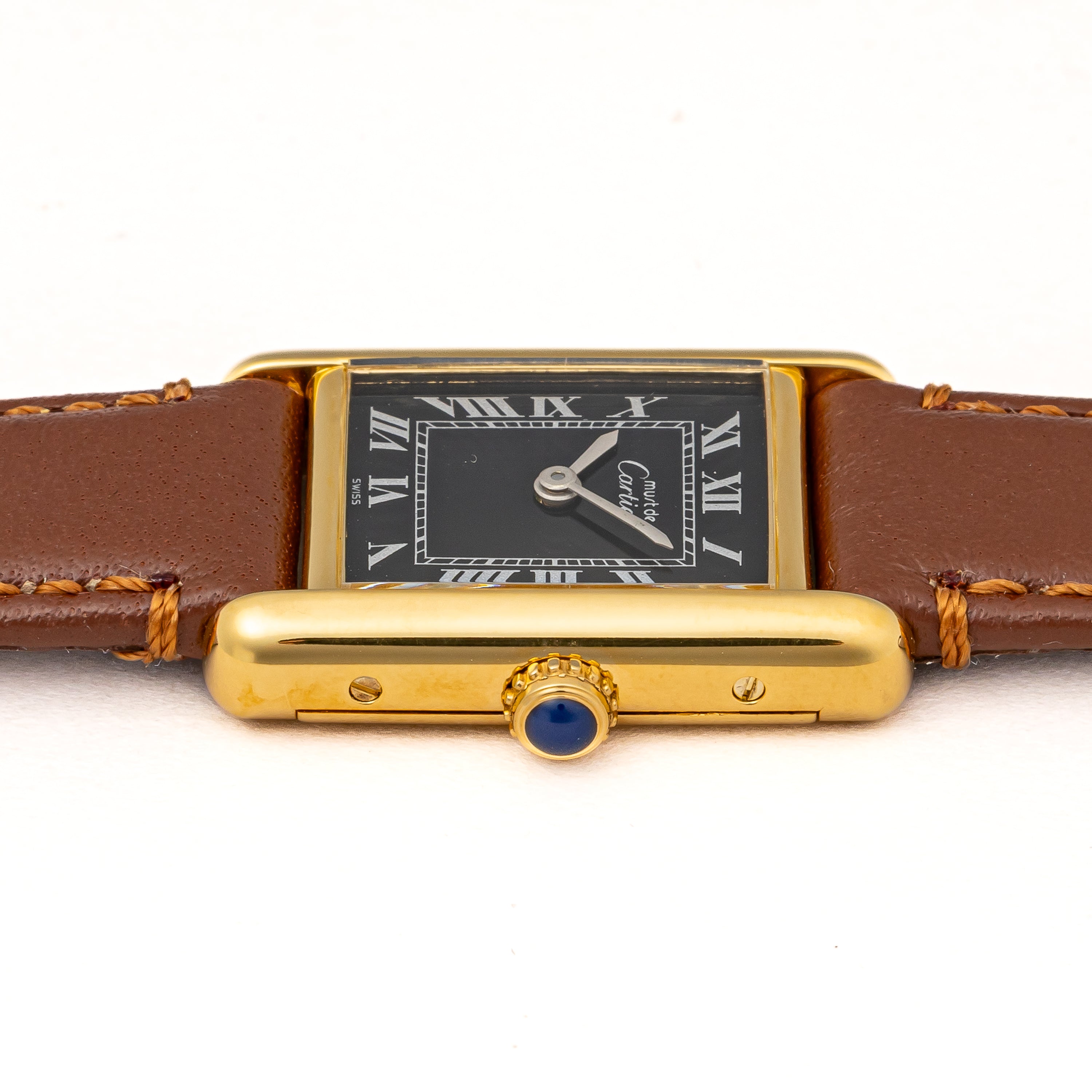 カルティエ マストタンク 1980年代製 SMサイズ ブラックローマンダイヤル 純正尾錠付き