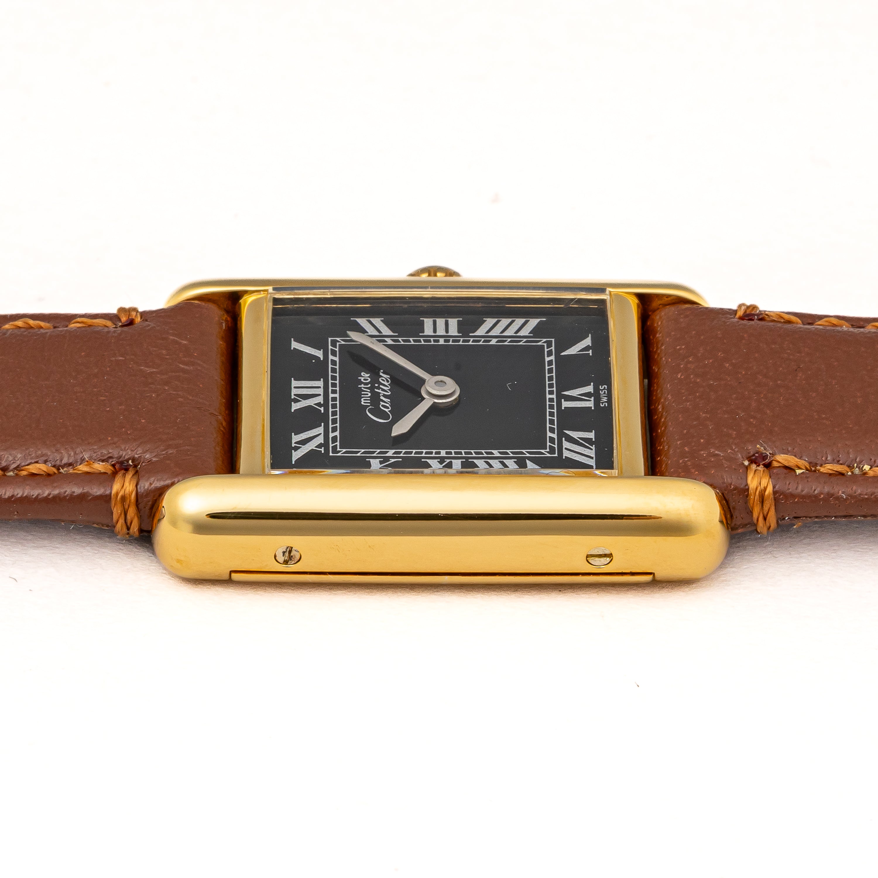 カルティエ マストタンク 1980年代製 SMサイズ ブラックローマンダイヤル 純正尾錠付き