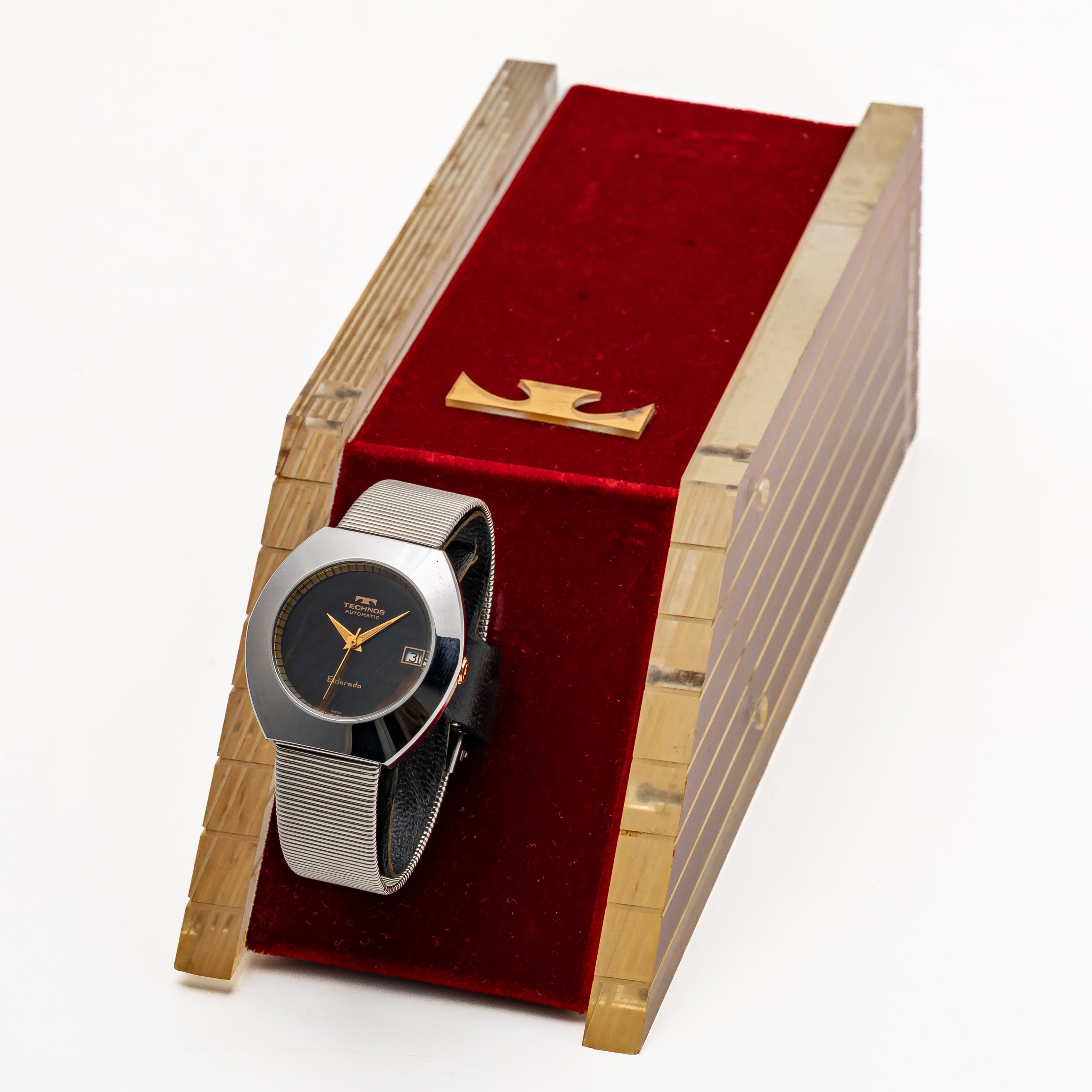 テクノス エルドラド タイガーアイ(虎目石)ダイヤル 1970年代製 自動巻き スタンド付き