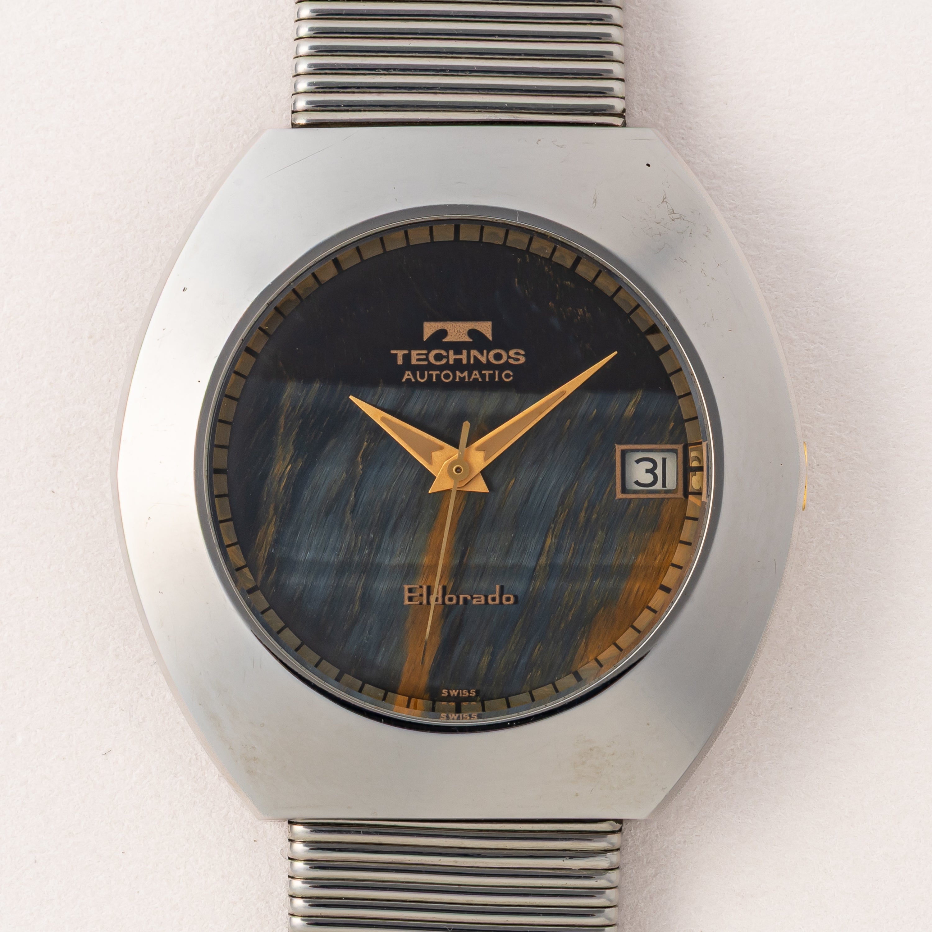 テクノス エルドラド タイガーアイ(虎目石)ダイヤル 1970年代製 自動巻き スタンド付き