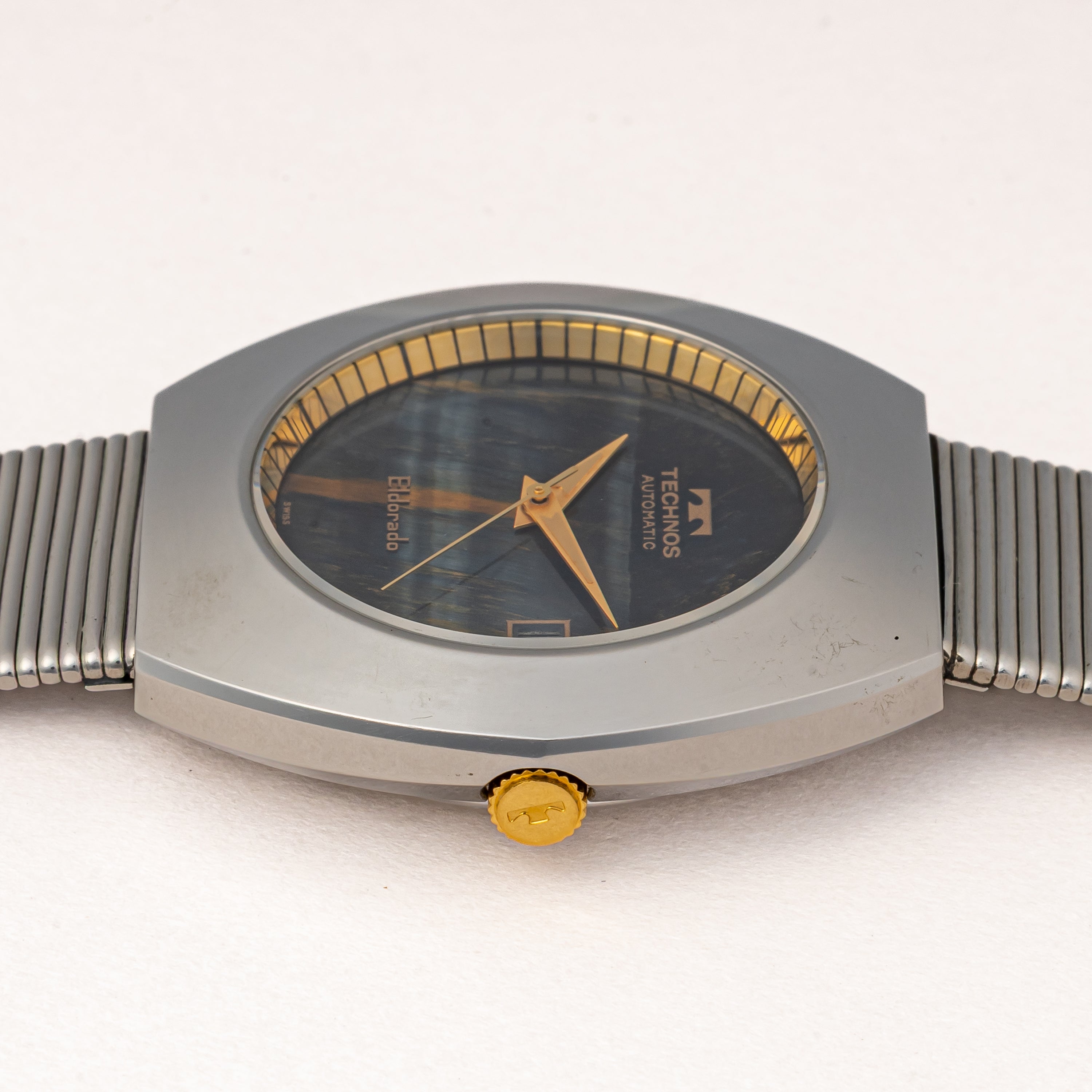 テクノス エルドラド タイガーアイ(虎目石)ダイヤル 1970年代製 自動巻き スタンド付き