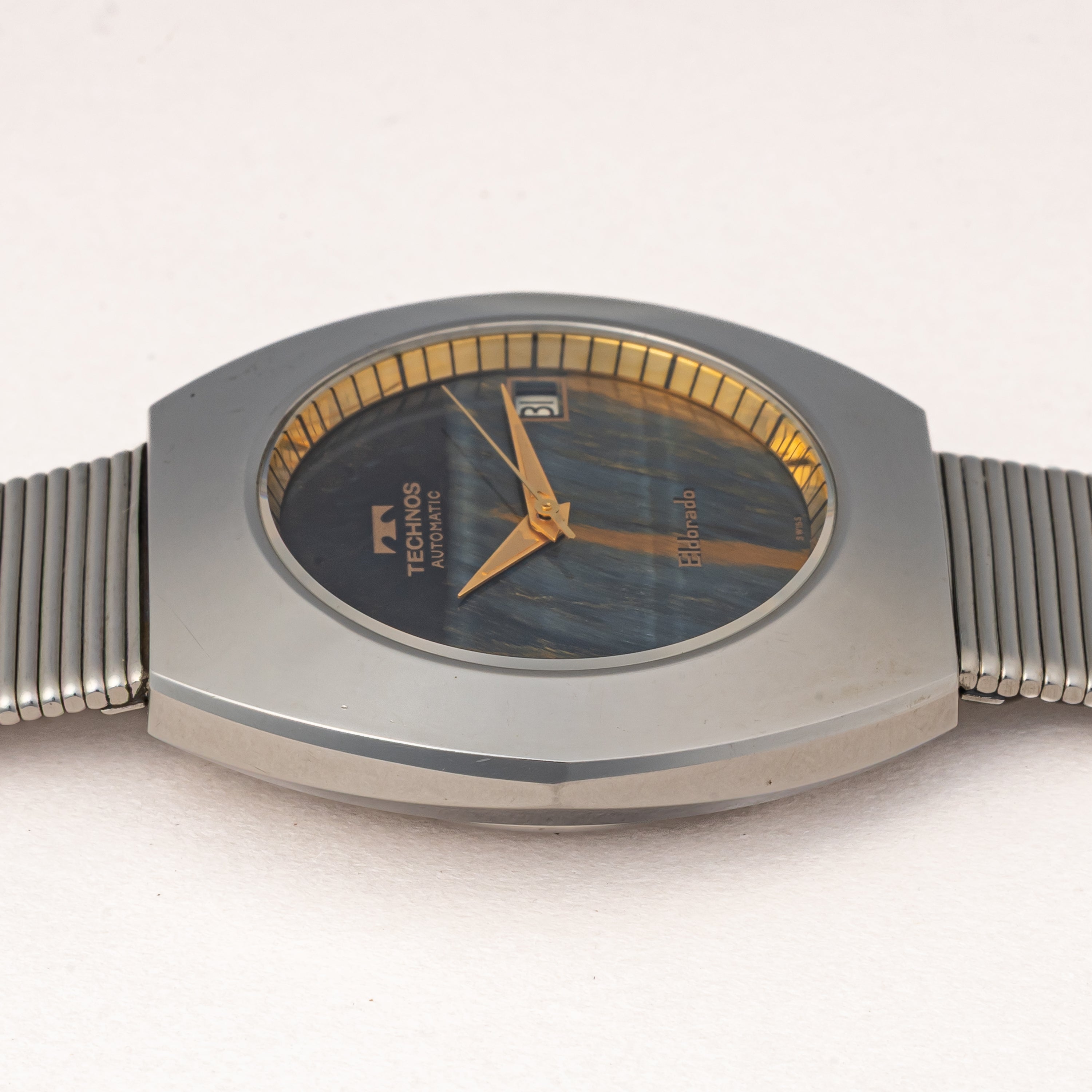 テクノス エルドラド タイガーアイ(虎目石)ダイヤル 1970年代製 自動巻き スタンド付き