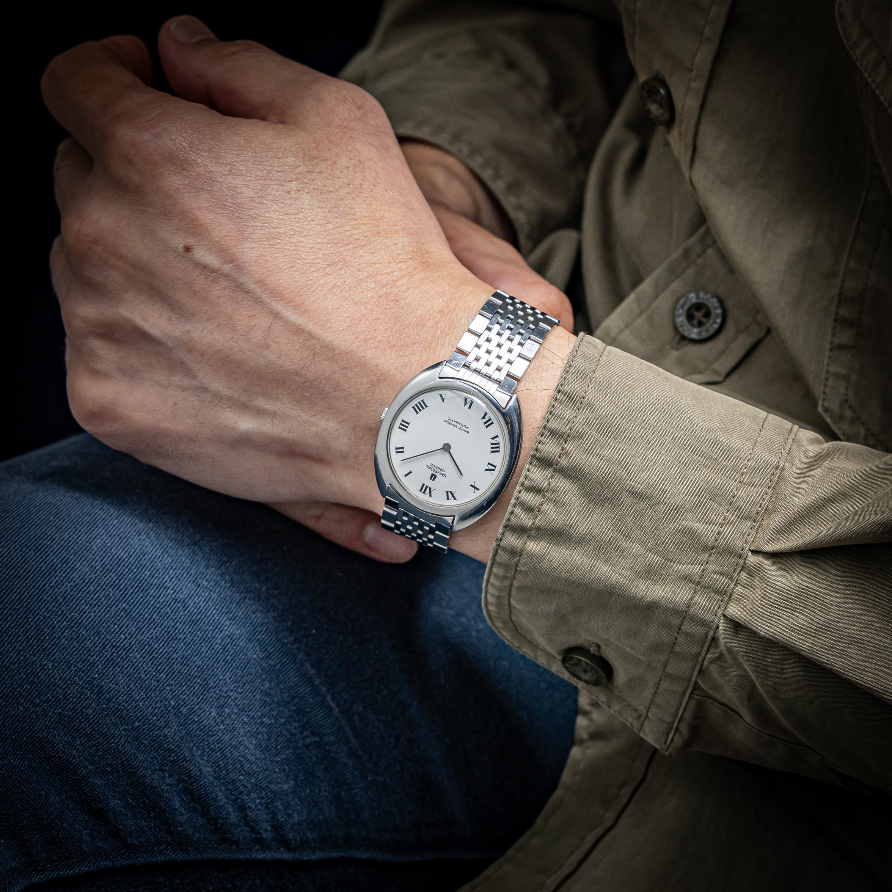 ユニバーサル ホワイトシャドウ ウルトラスリム マイクローター自動巻 1970年代製 純正ブレス