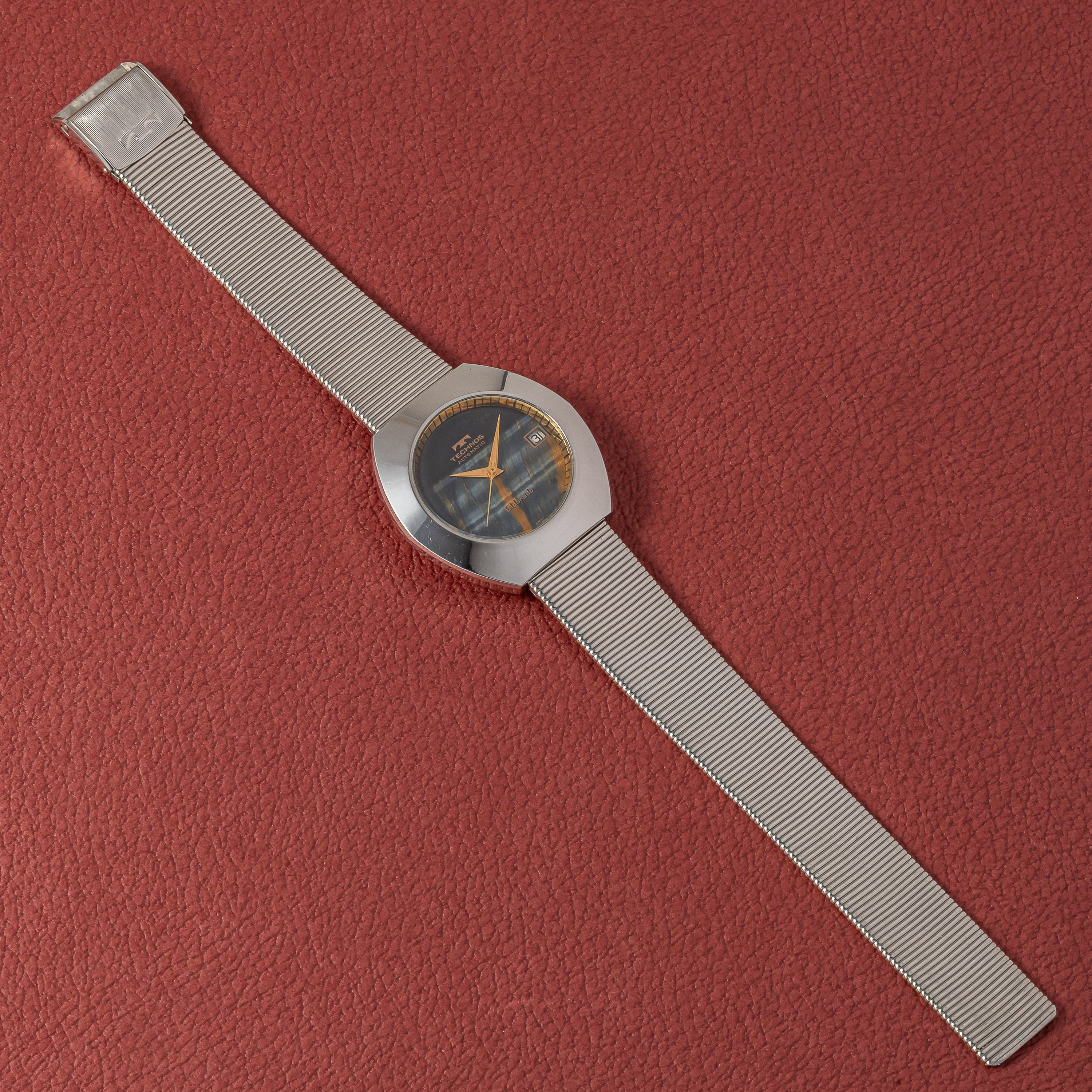 テクノス エルドラド タイガーアイ(虎目石)ダイヤル 1970年代製 自動巻き スタンド付き