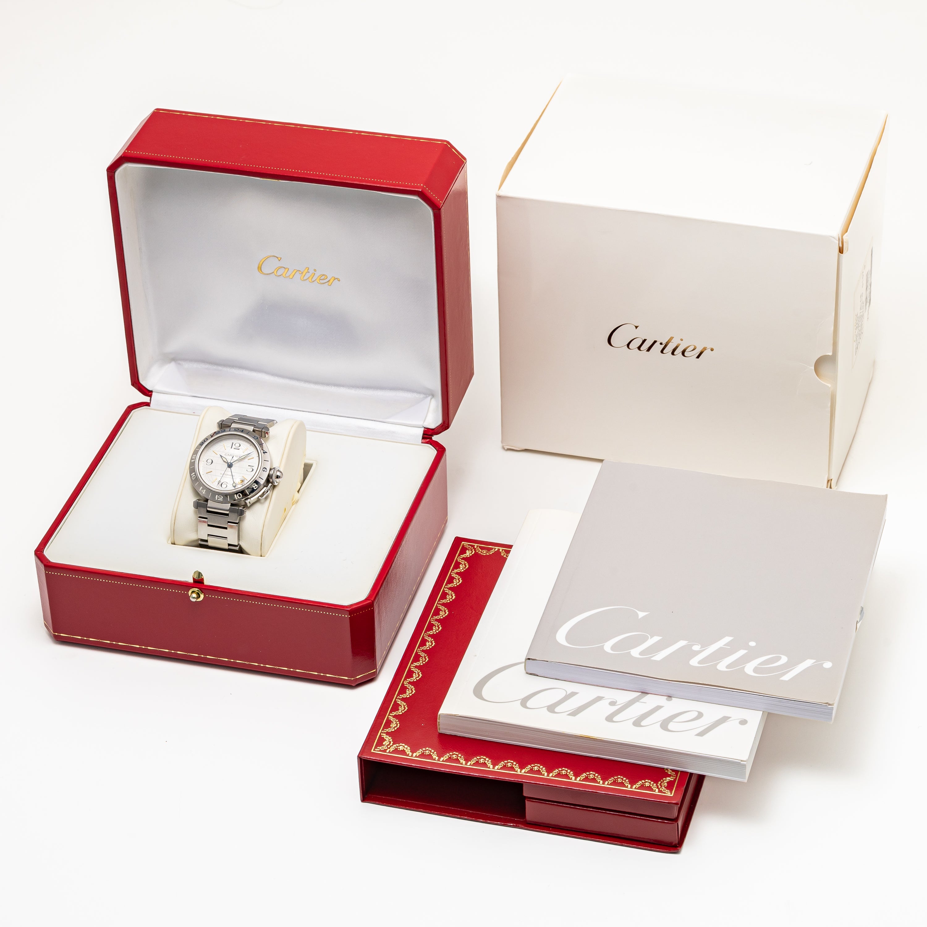 カルティエ パシャC メリディアン 2004年発行ギャラ Ref.2377 GMT シルバーダイヤル 箱、ギャラ付き