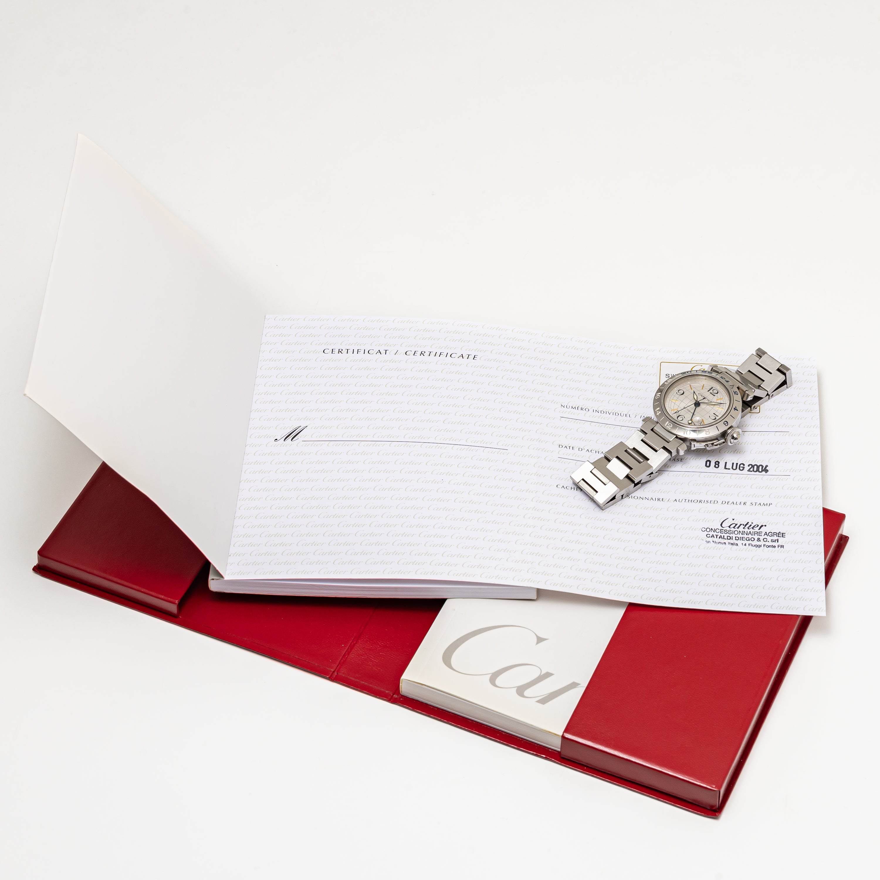 カルティエ パシャC メリディアン 2004年発行ギャラ Ref.2377 GMT シルバーダイヤル 箱、ギャラ付き
