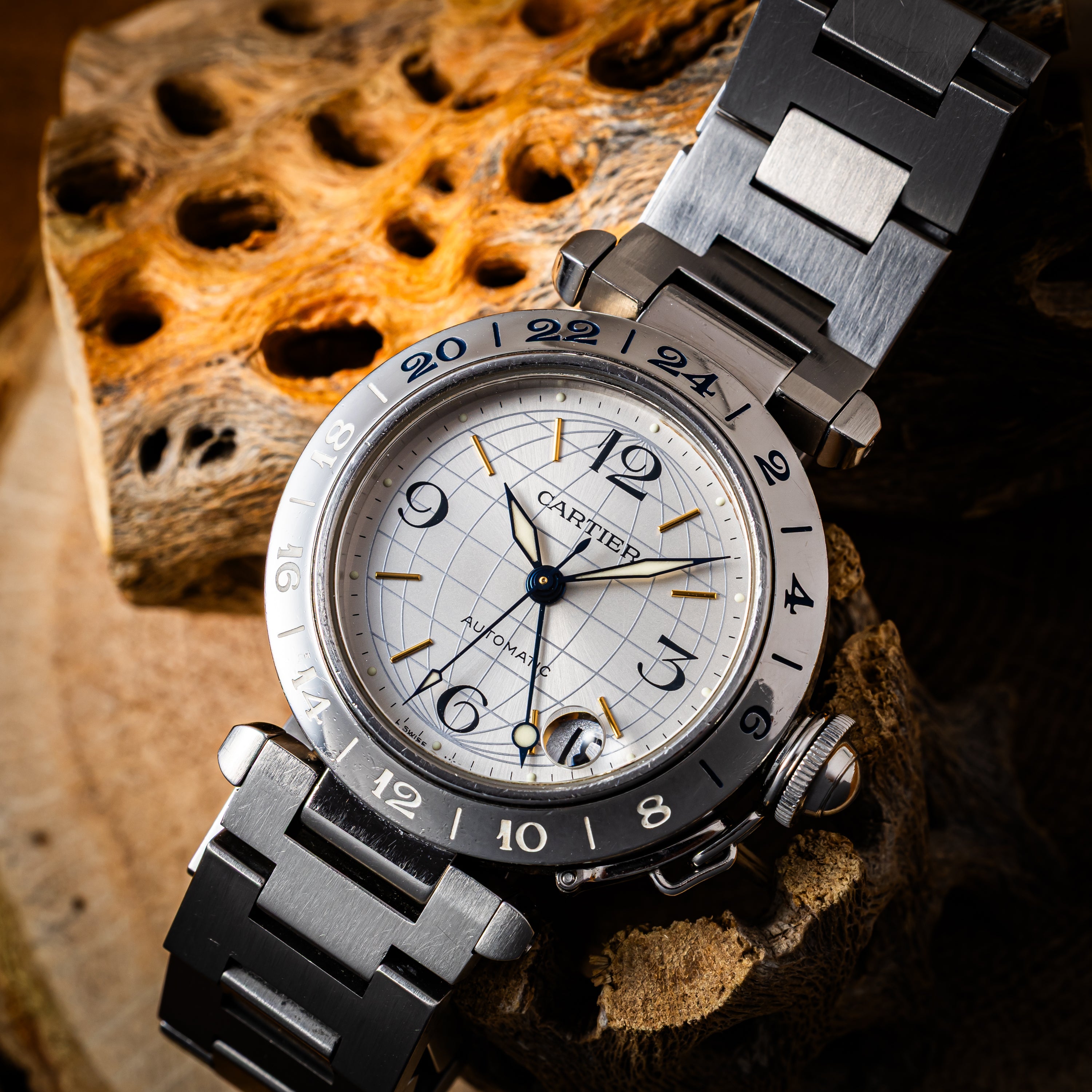 カルティエ パシャC メリディアン 2004年発行ギャラ Ref.2377 GMT シルバーダイヤル 箱、ギャラ付き