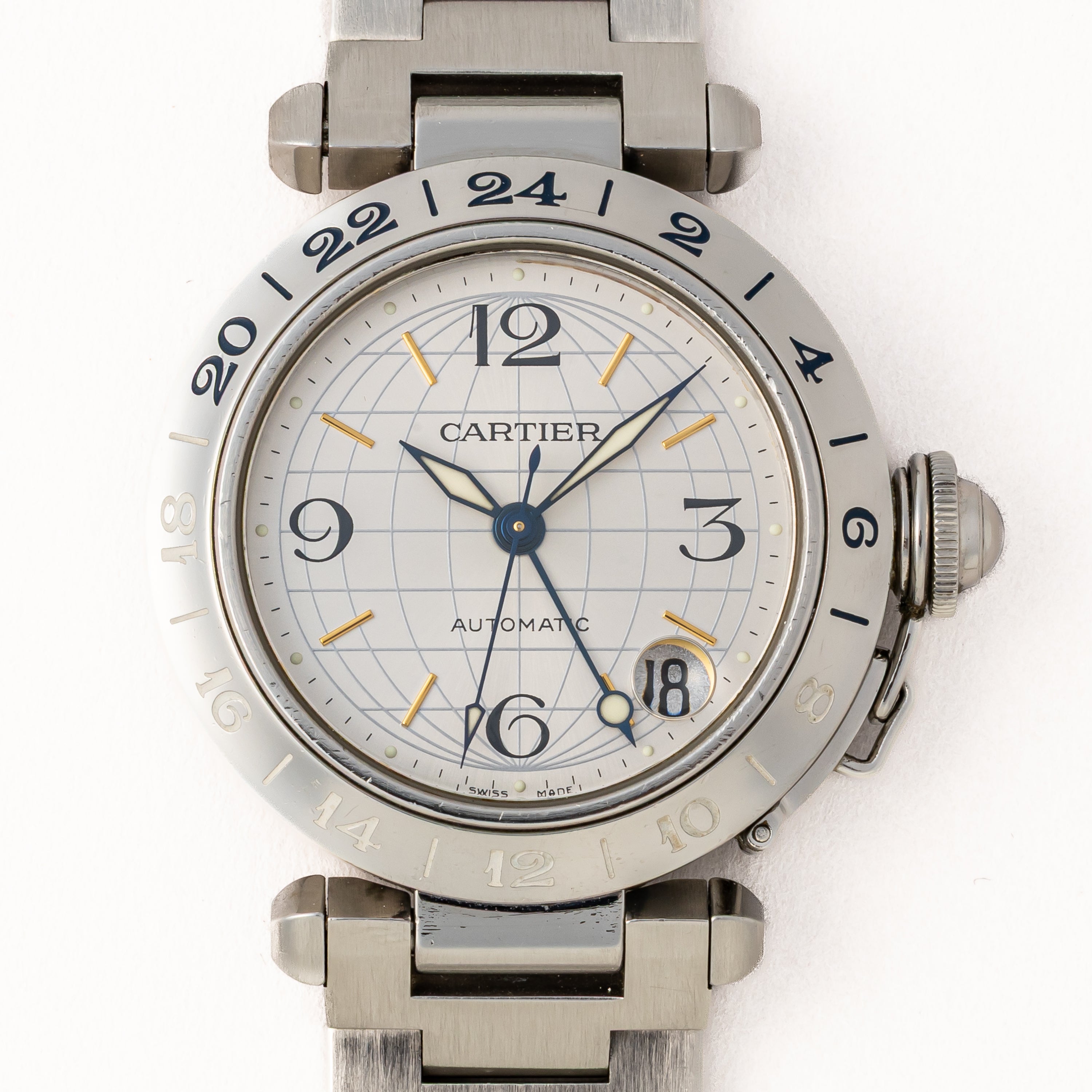 カルティエ パシャC メリディアン 2004年発行ギャラ Ref.2377 GMT シルバーダイヤル 箱、ギャラ付き