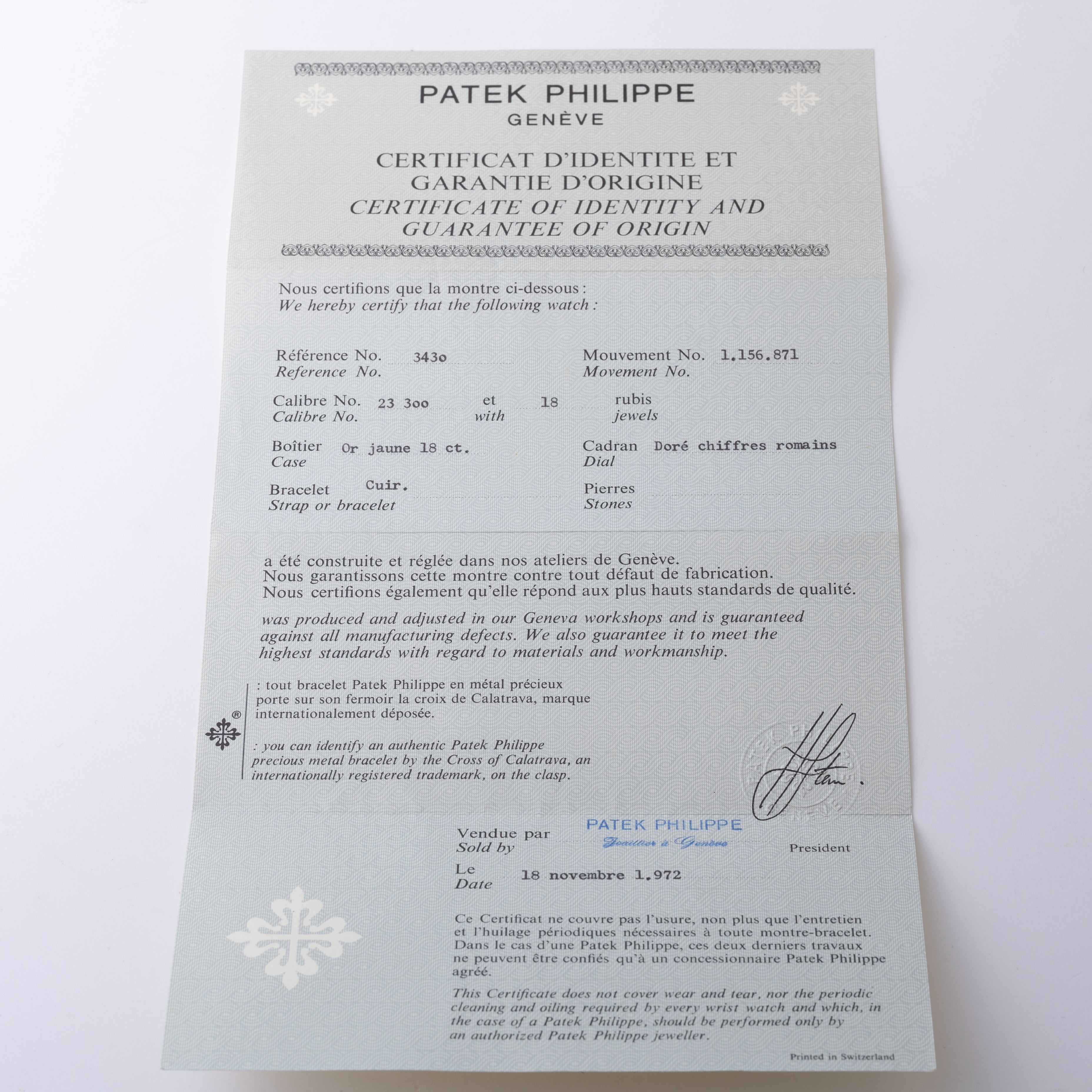 パテック フィリップ Ref.3430 スクエアケース 18YG ローマンダイアル 1972年製 ギャラ付き