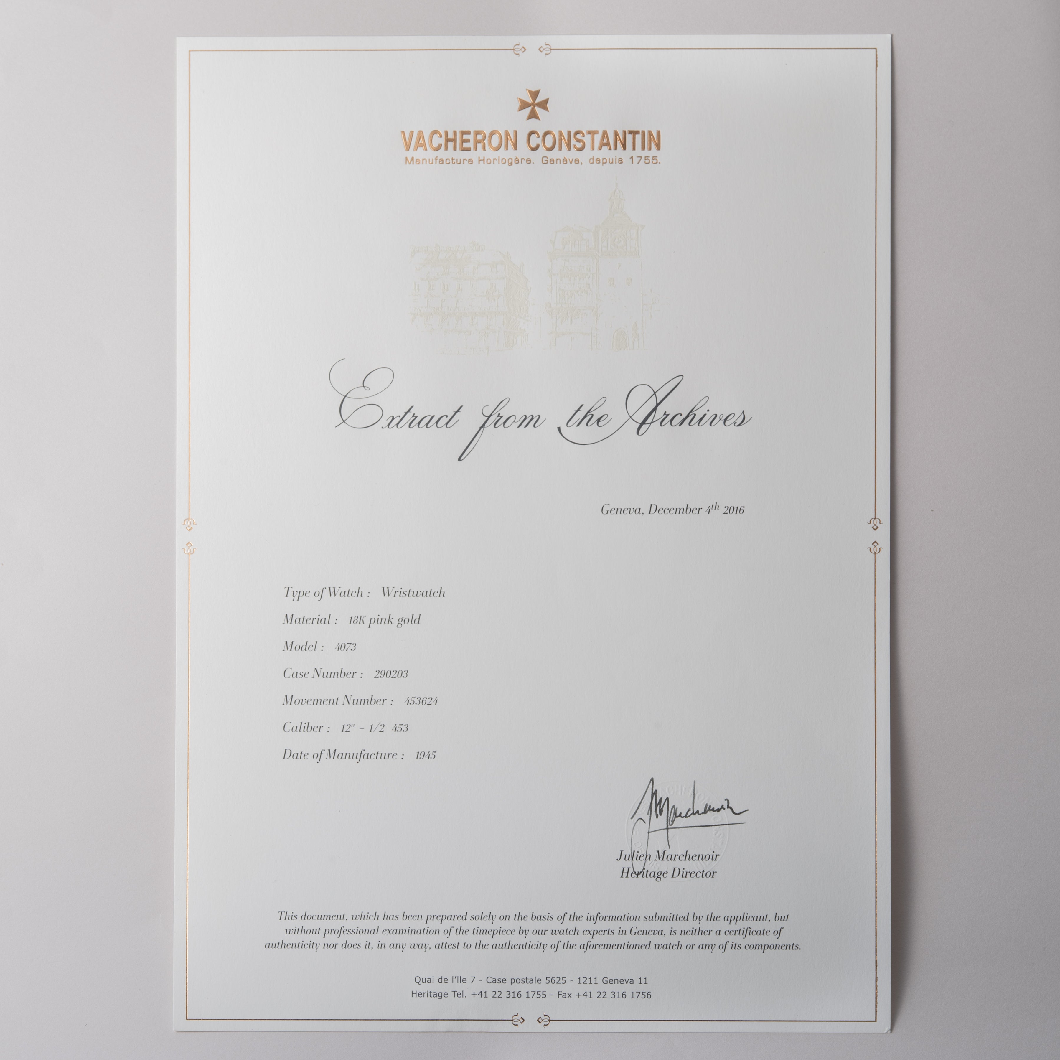 ヴァシュロン・コンスタンタン ラウンド18KPG スモールセコンド 1945年製 アーカイブ付き