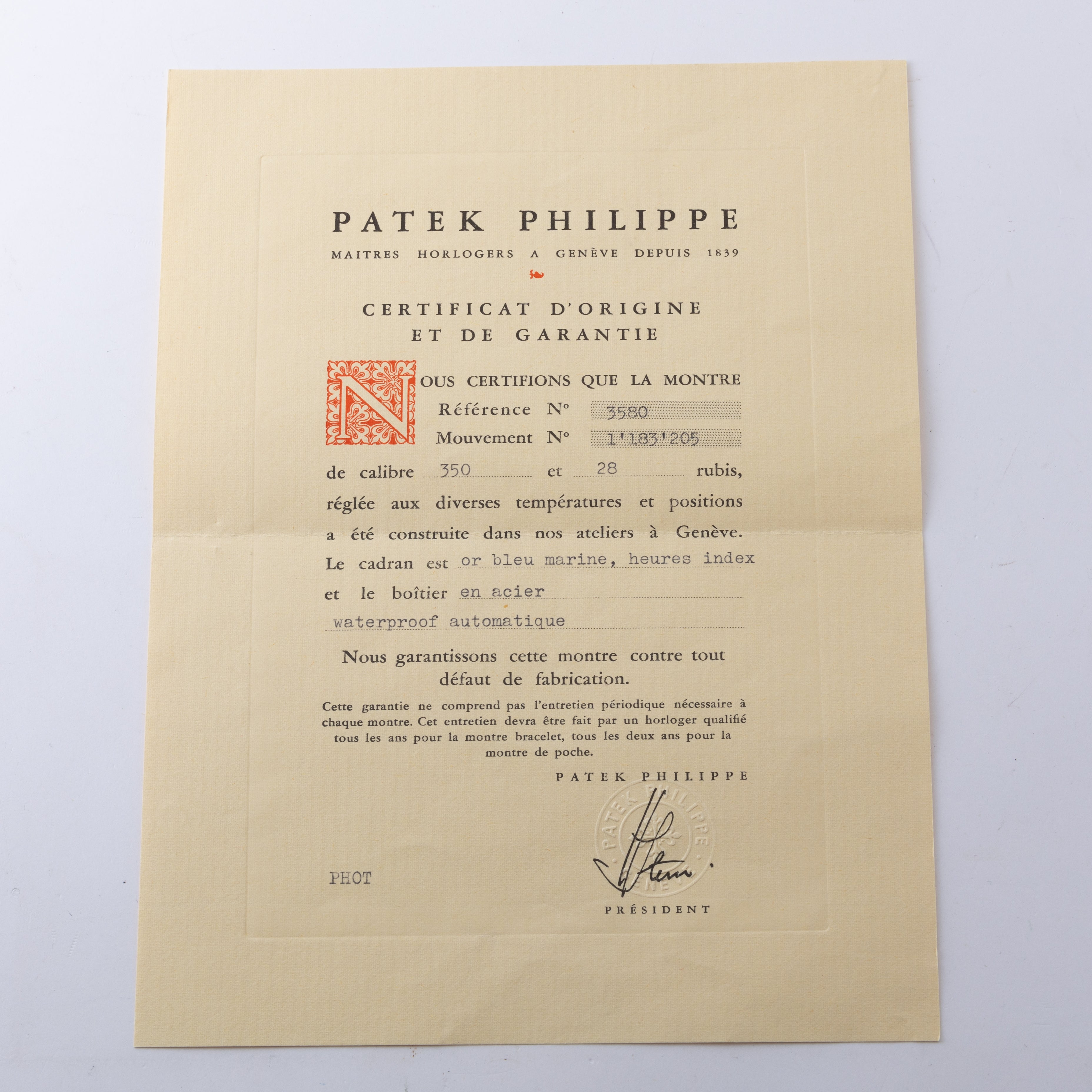 パテックフィリップ Ref.3580 自動巻き バックワインドモデル 1972年製 ギャランティー、箱付