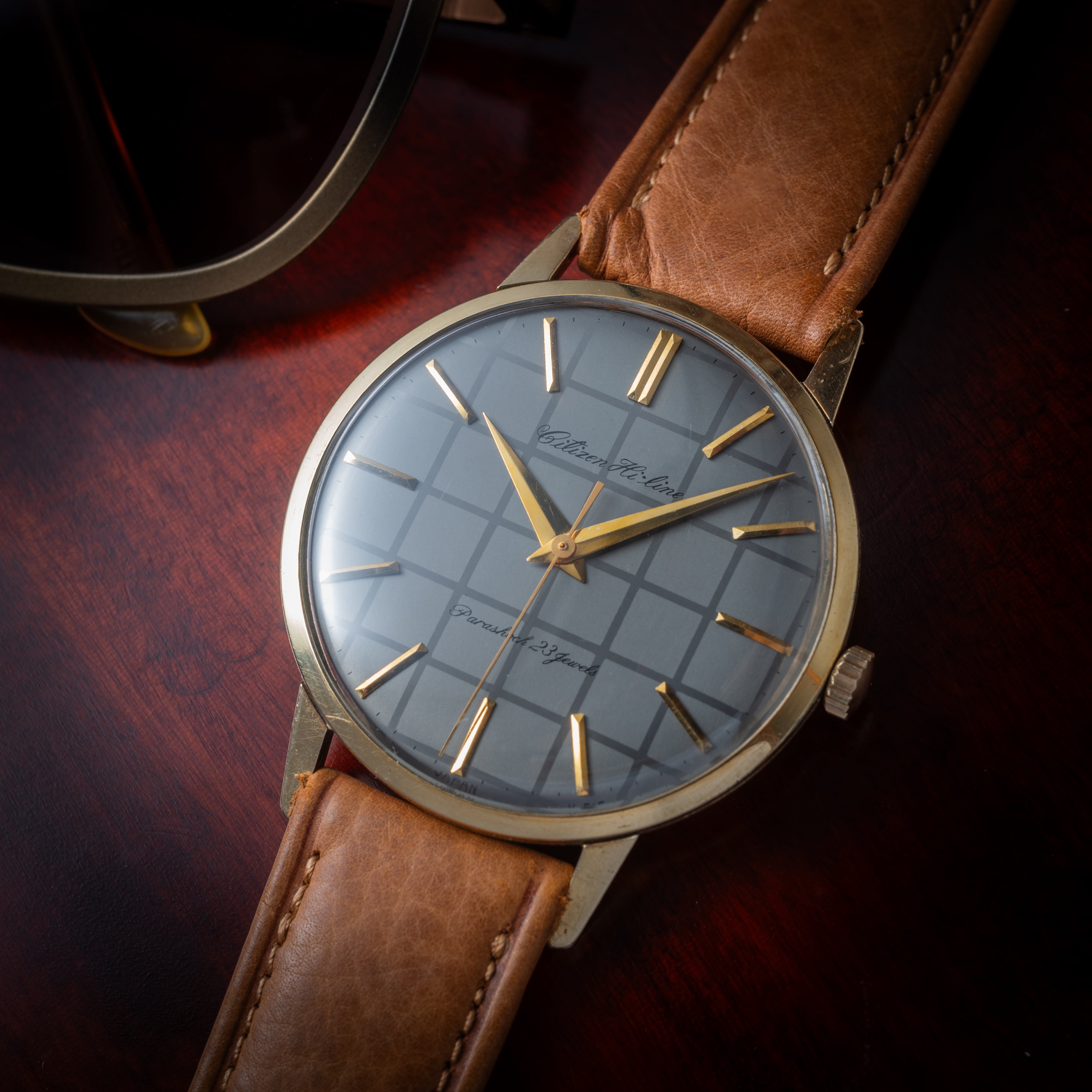 シチズン ハイライン 1962年製 格子模様 グレーダイヤル 14KGF 純正革ベルト、純正尾錠、タグ付き