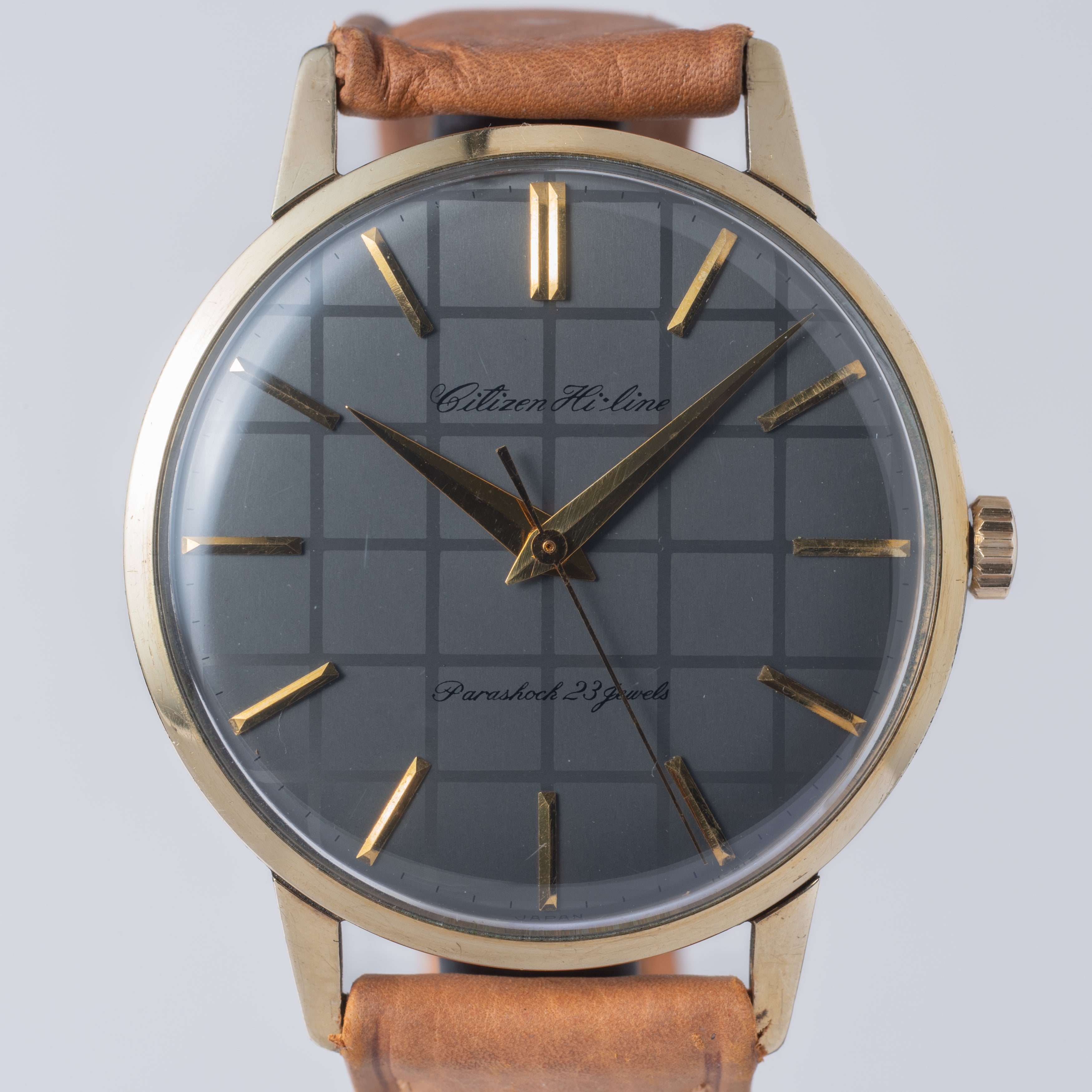 シチズン ハイライン 1962年製 格子模様 グレーダイヤル 14KGF 純正革ベルト、純正尾錠、タグ付き