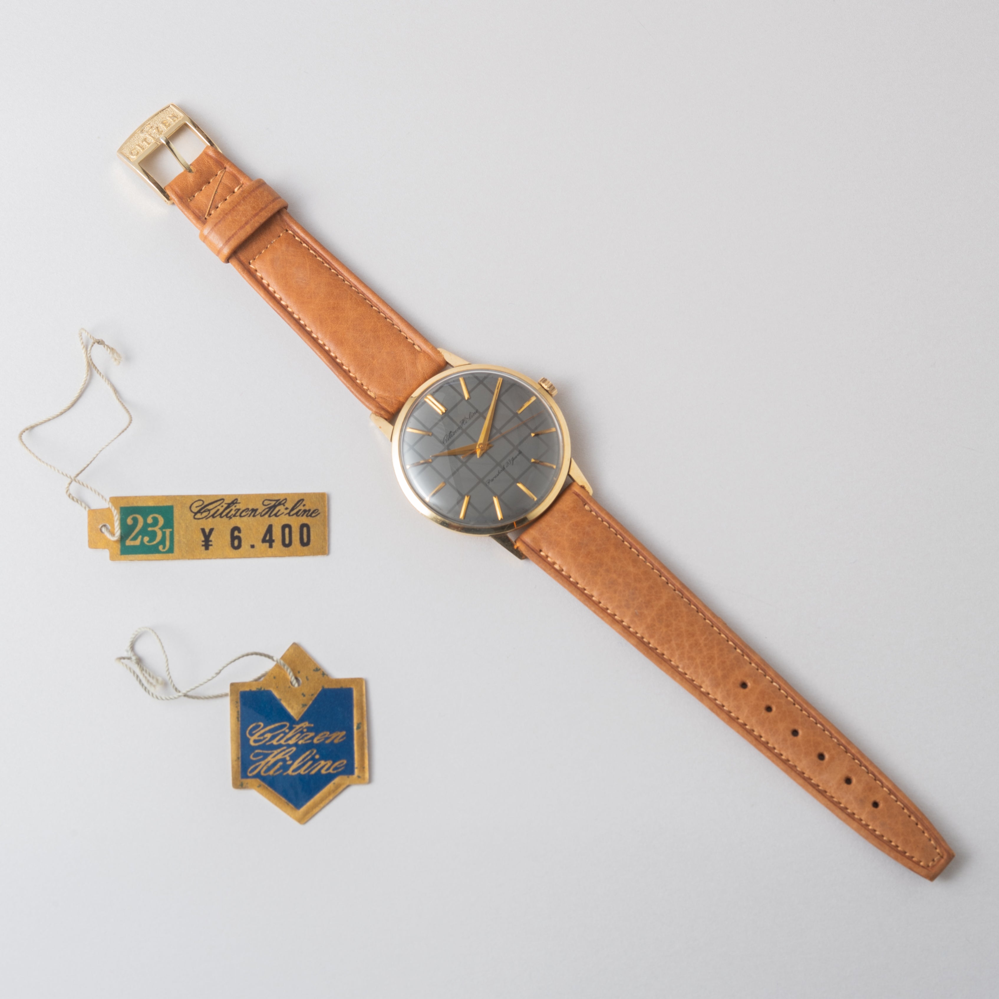 シチズン ハイライン 1962年製 格子模様 グレーダイヤル 14KGF 純正革ベルト、純正尾錠、タグ付き
